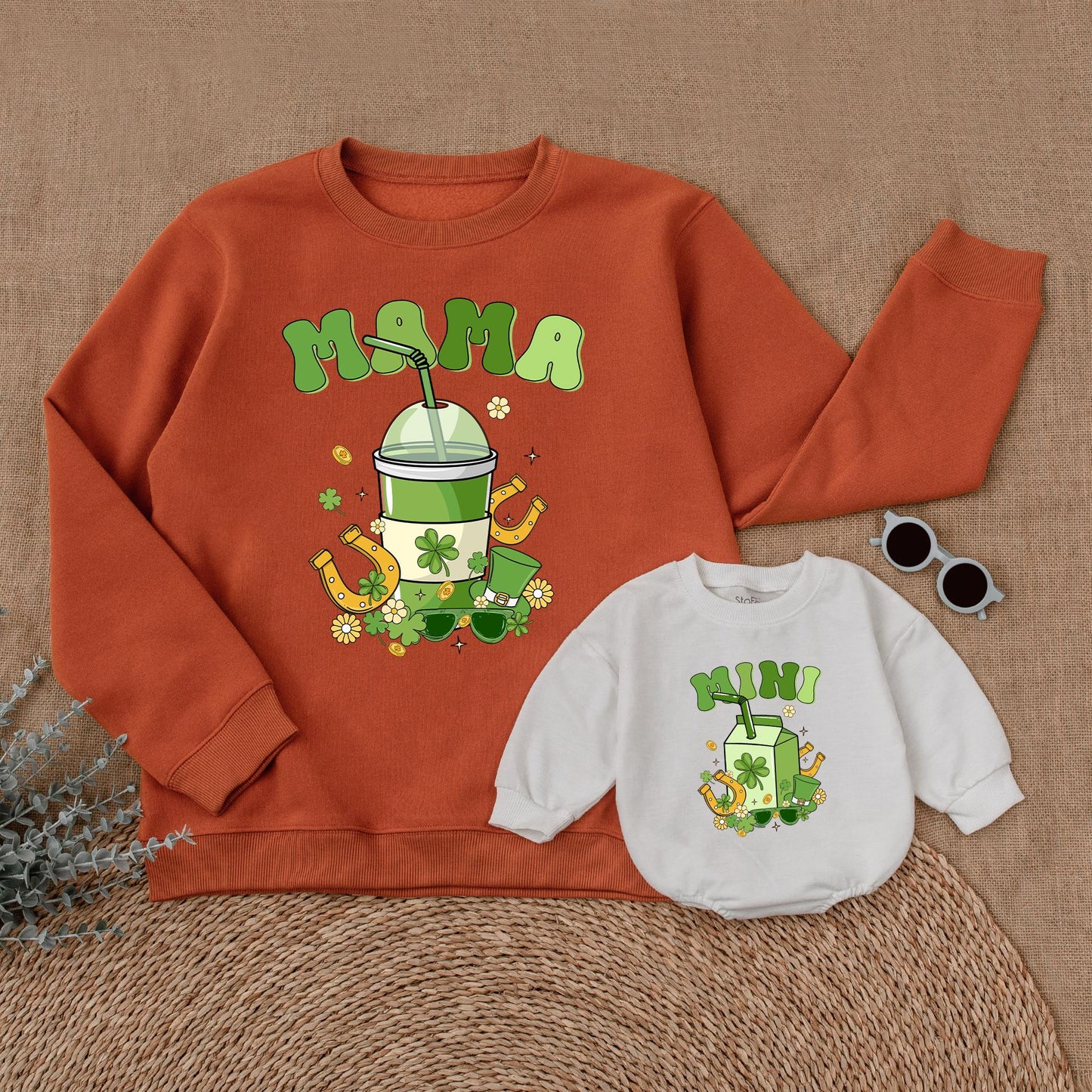 Mama Mini St. Patrick's Day Sweatshirt Family Matching Outfit Clover Mommy and Me Sweater Green
