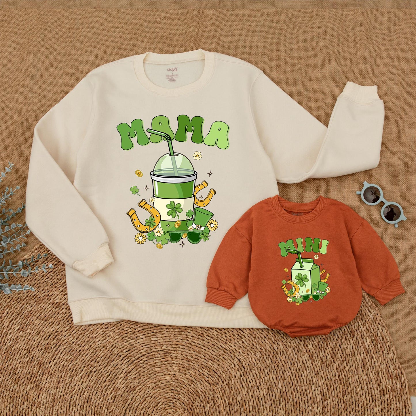 Mama Mini St. Patrick's Day Sweatshirt Family Matching Outfit Clover Mommy and Me Sweater Green