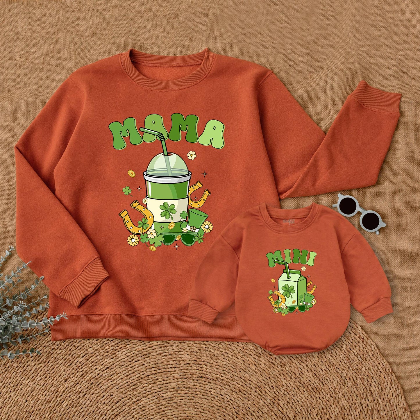 Mama Mini St. Patrick's Day Sweatshirt Family Matching Outfit Clover Mommy and Me Sweater Green