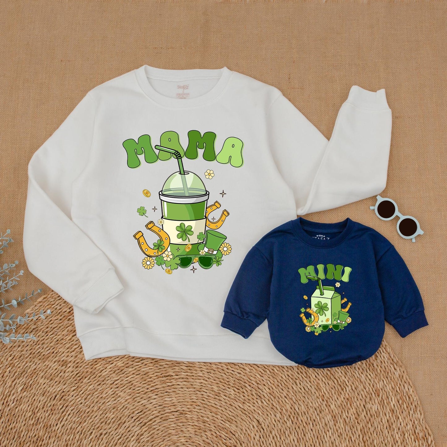 Mama Mini St. Patrick's Day Sweatshirt Family Matching Outfit Clover Mommy and Me Sweater Green