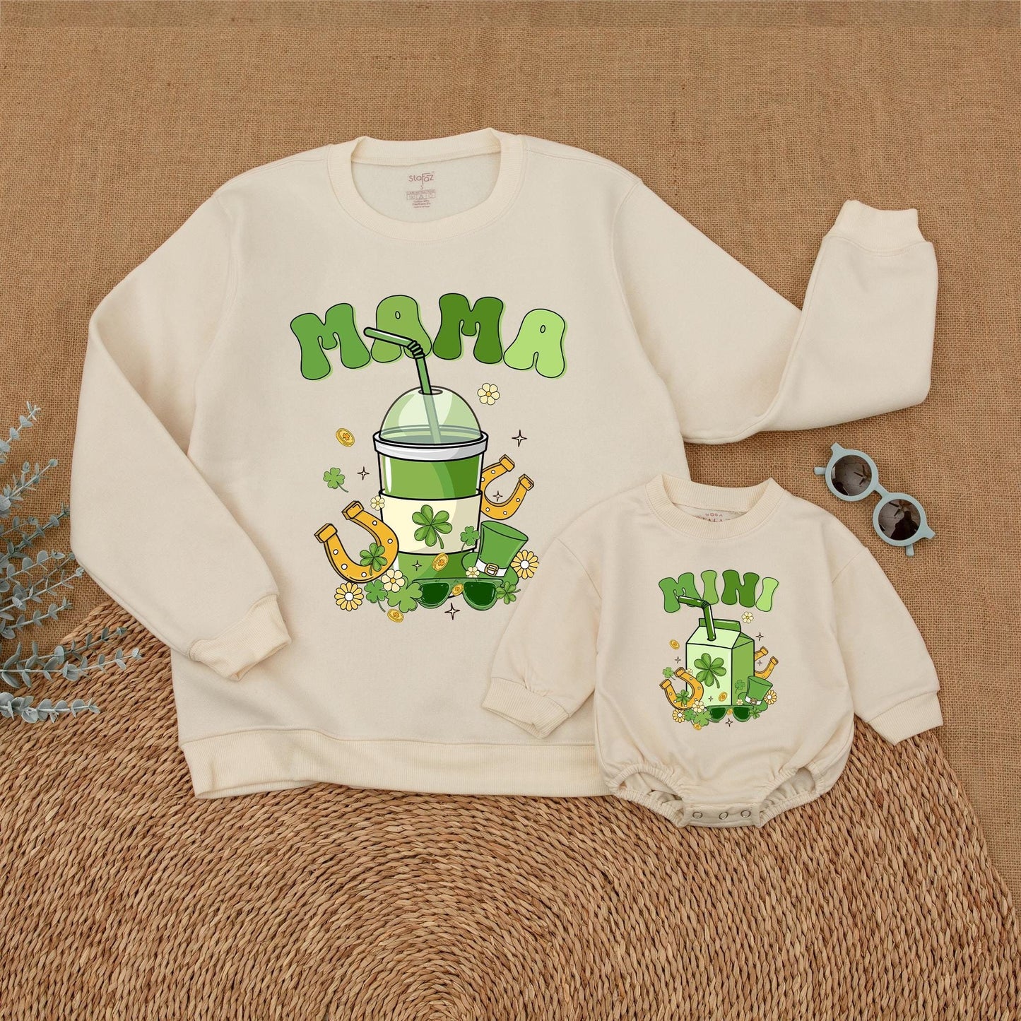 Mama Mini St. Patrick's Day Sweatshirt Family Matching Outfit Clover Mommy and Me Sweater Green