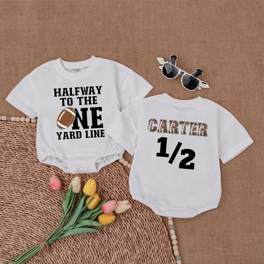 Halfway To The One Yard Line Football Baby Romper Custom Name & 1/2 Birthday Outfit for Boys Game Day Newborn Gift