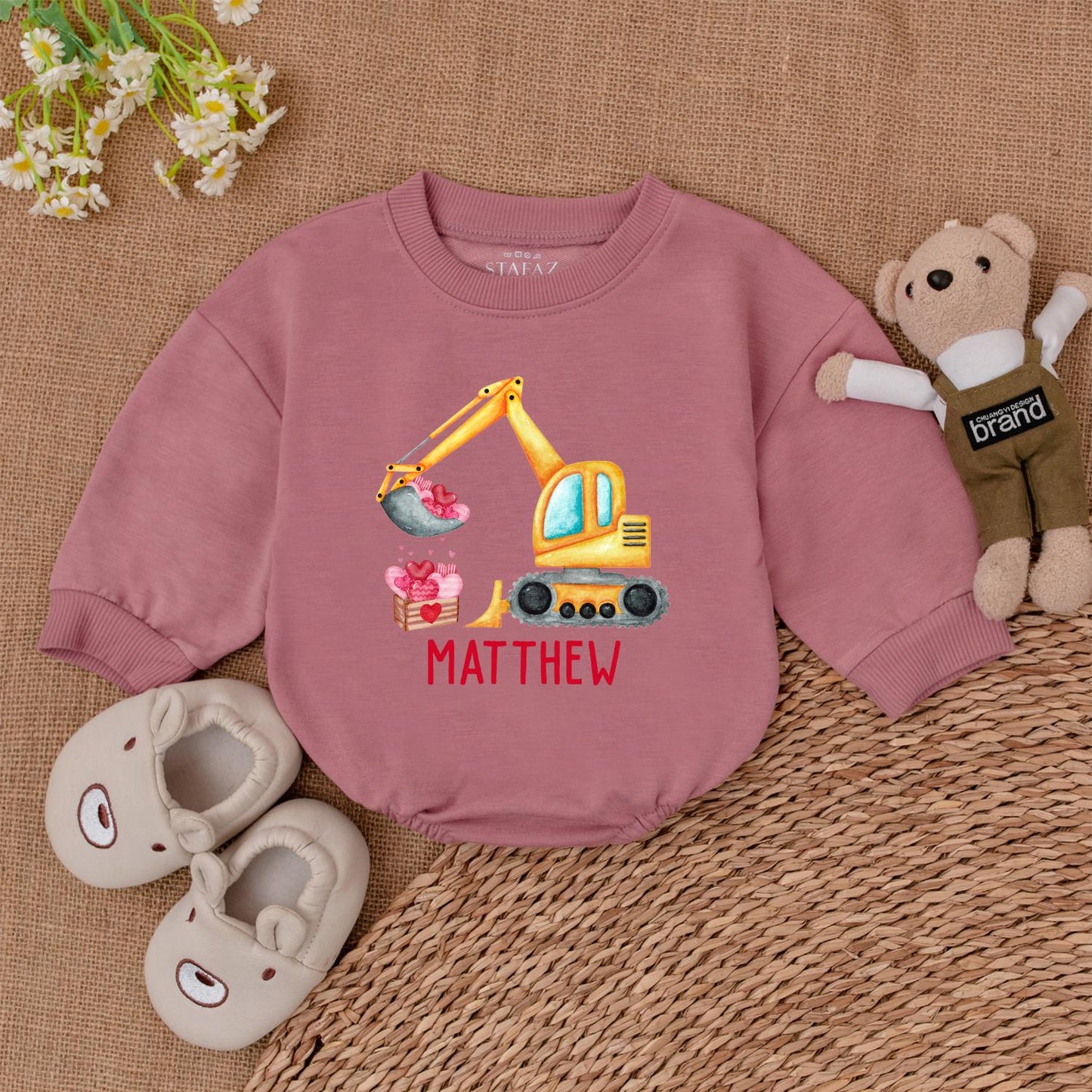 Retro Valentine Excavator Baby Romper - Custom Name, Boy's Retro Valentine's Day Gift, Newborn Outfit, Baby Shower