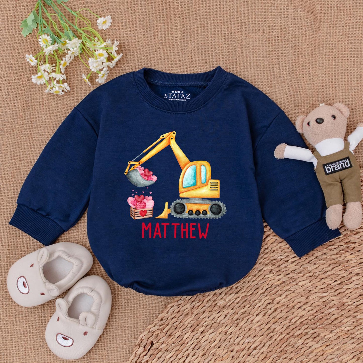 Retro Valentine Excavator Baby Romper - Custom Name, Boy's Retro Valentine's Day Gift, Newborn Outfit, Baby Shower