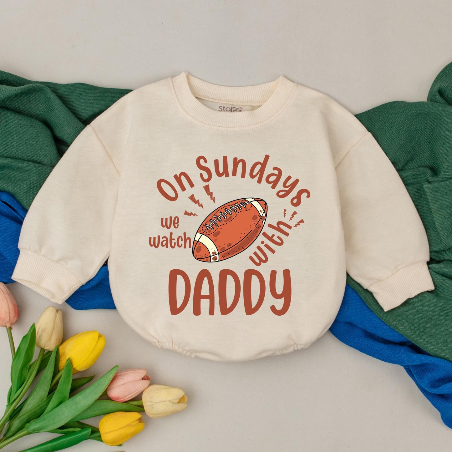 On Sundays We Watch Football with Daddy Baby Romper Game Day Outfit Comfortable Bubble Bodysuit Newborn Infant Fall Football Fan Gift