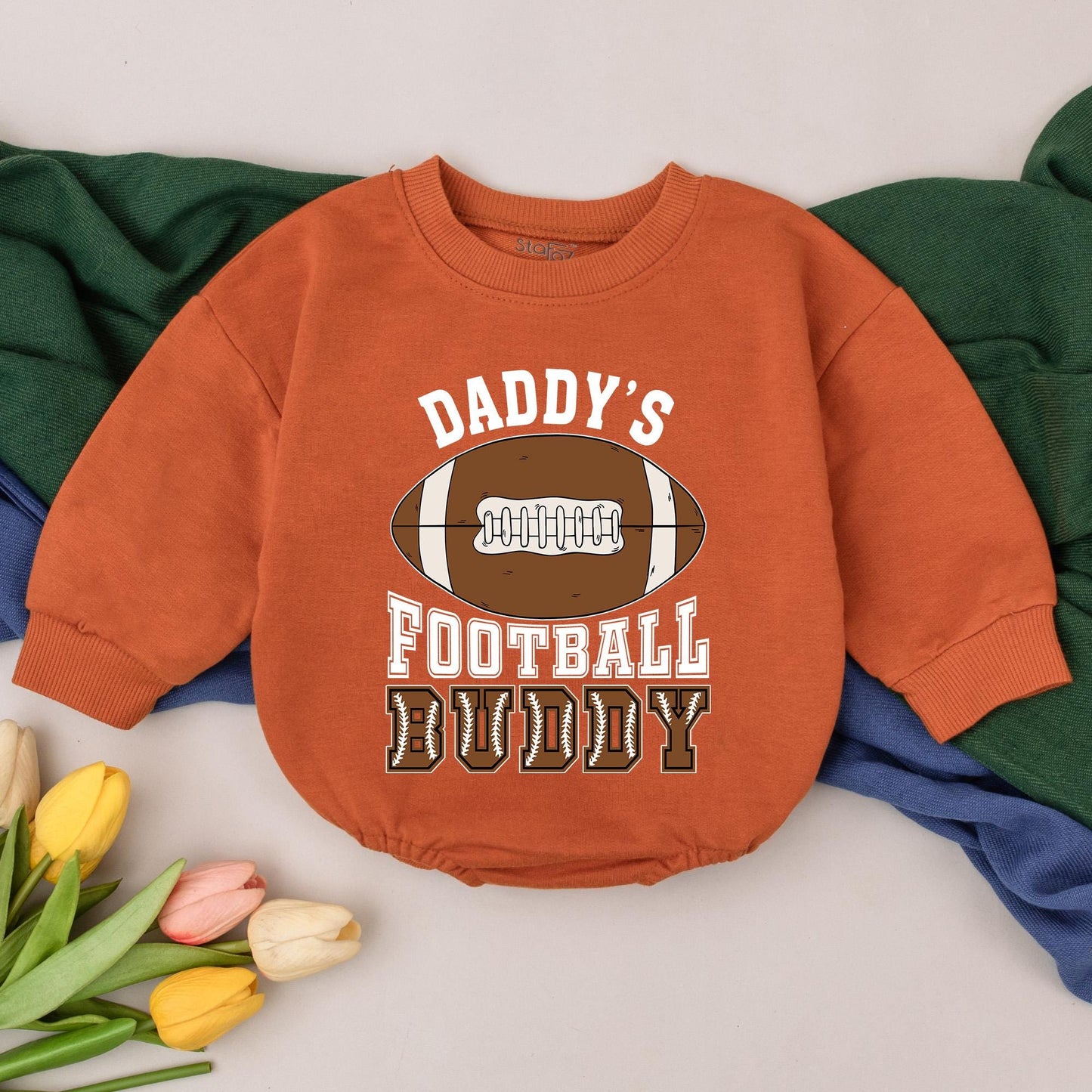 Daddy's Football Buddy Baby Romper Retro Game Day Outfit, Brown Football Graphic, Fall Baby Clothes, Gift for Dad & Baby Boy