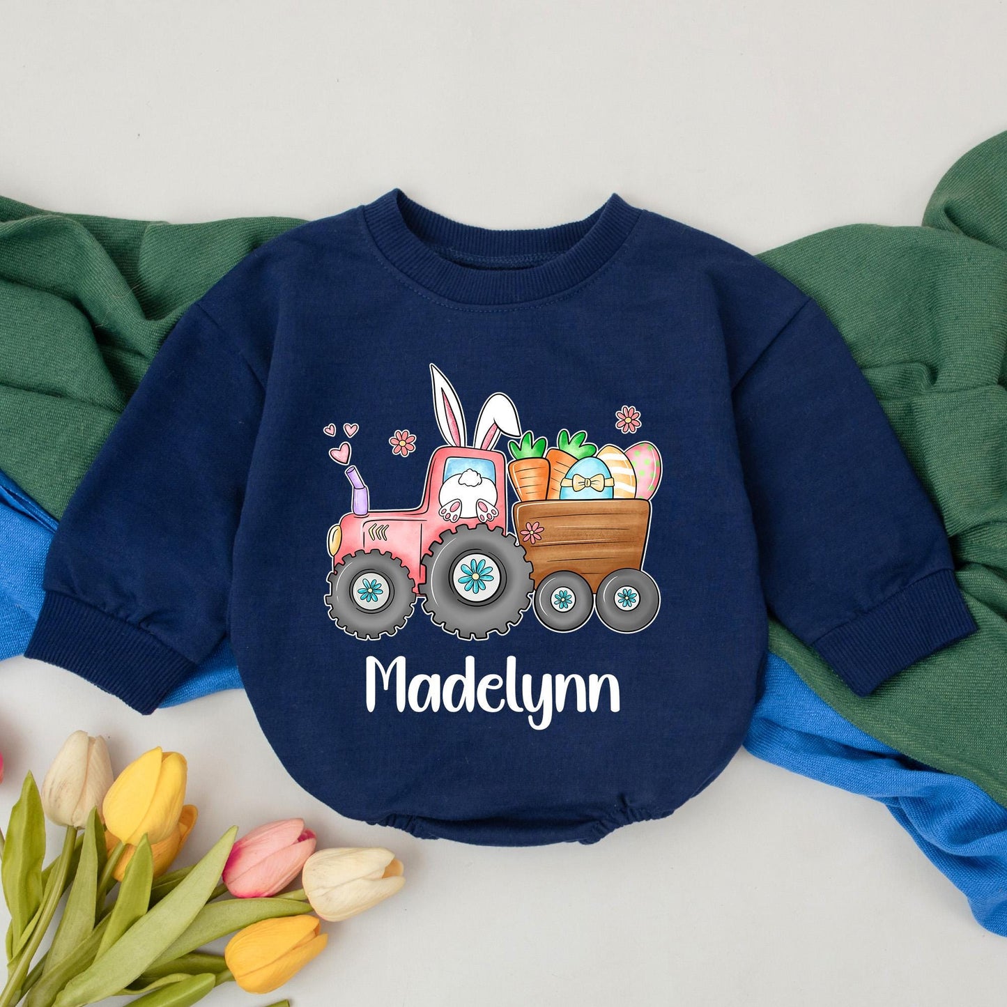 Personalized Eggs-cavator Baby Romper Little Bunny Bodysuit 1st Easter Day Infant Custom Gift Bubble Romper