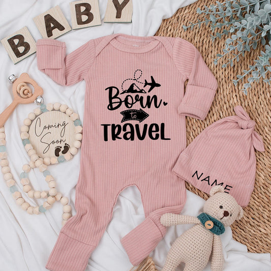 Born to Travel Baby Bodysuit and Hat Set Cute Newborn Going Home Outfit Natural Pregnancy Reveal Gift for Baby