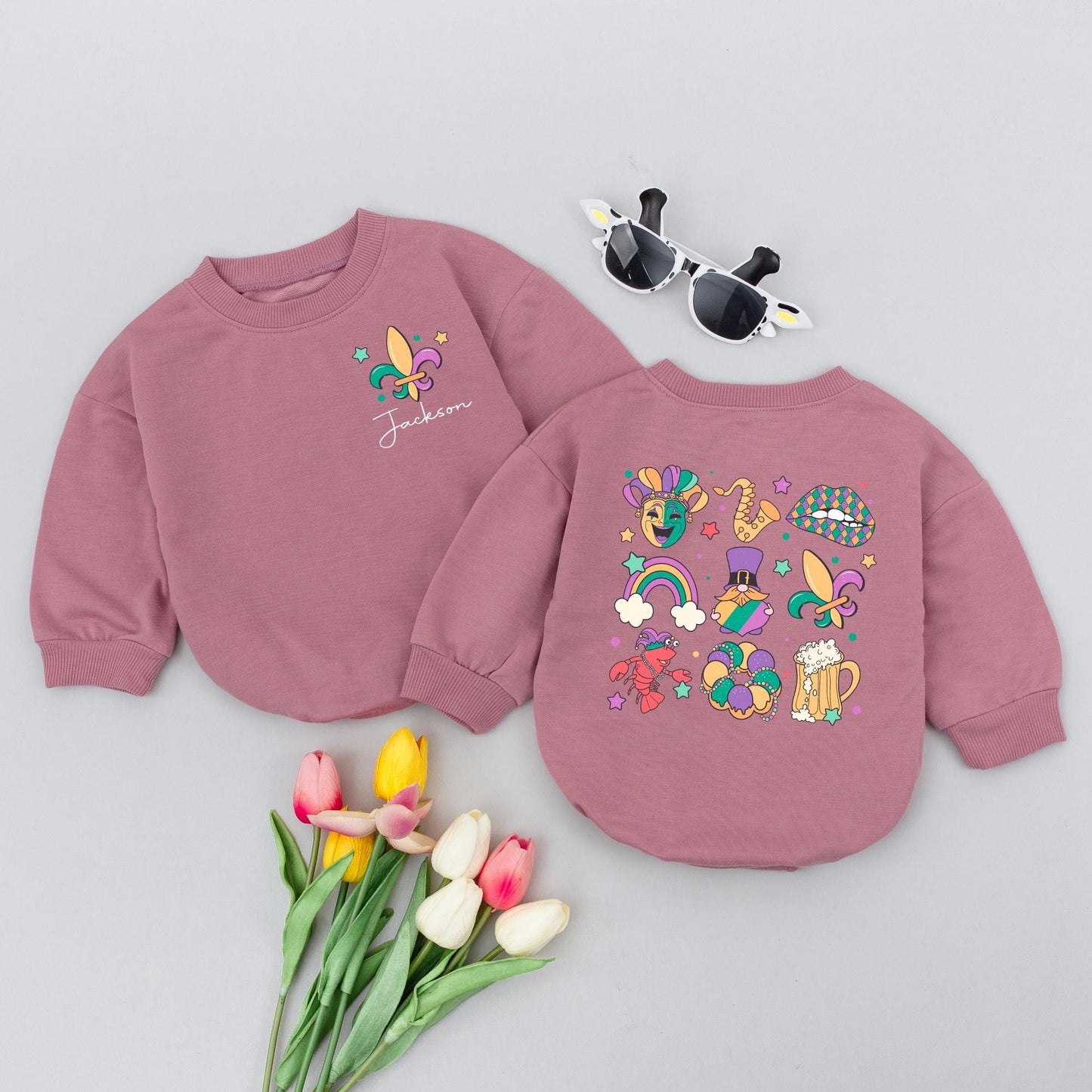 Personalized Retro Mardi Gras Baby Romper First Parade Outfit Baby Announcement Clothes Carnival Bodysuit Newborn Festival Gift