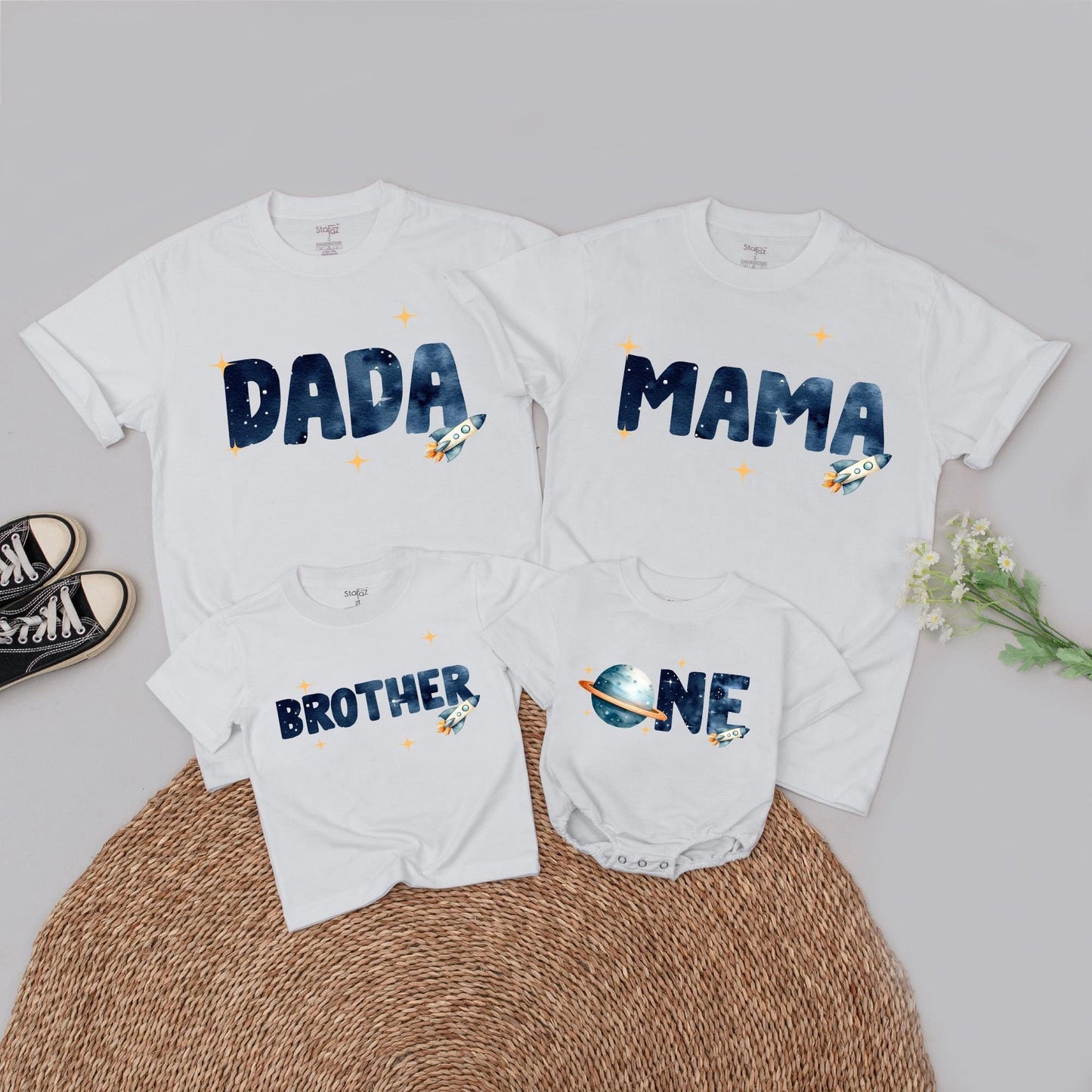 Personalized Space Birthday Family Matching T-Shirts with Rocket Starry Night Yellow Stars for First Trip Around The Sun 1st Birthday Boy Celebration