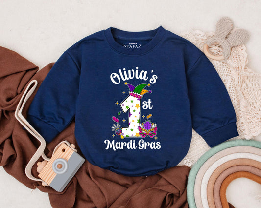 Personalized Mardi Gras Baby Romper Cute First Celebration Outfit Unisex Sweatshirt Bodysuit for Boys Girls Newborn Shower Gift