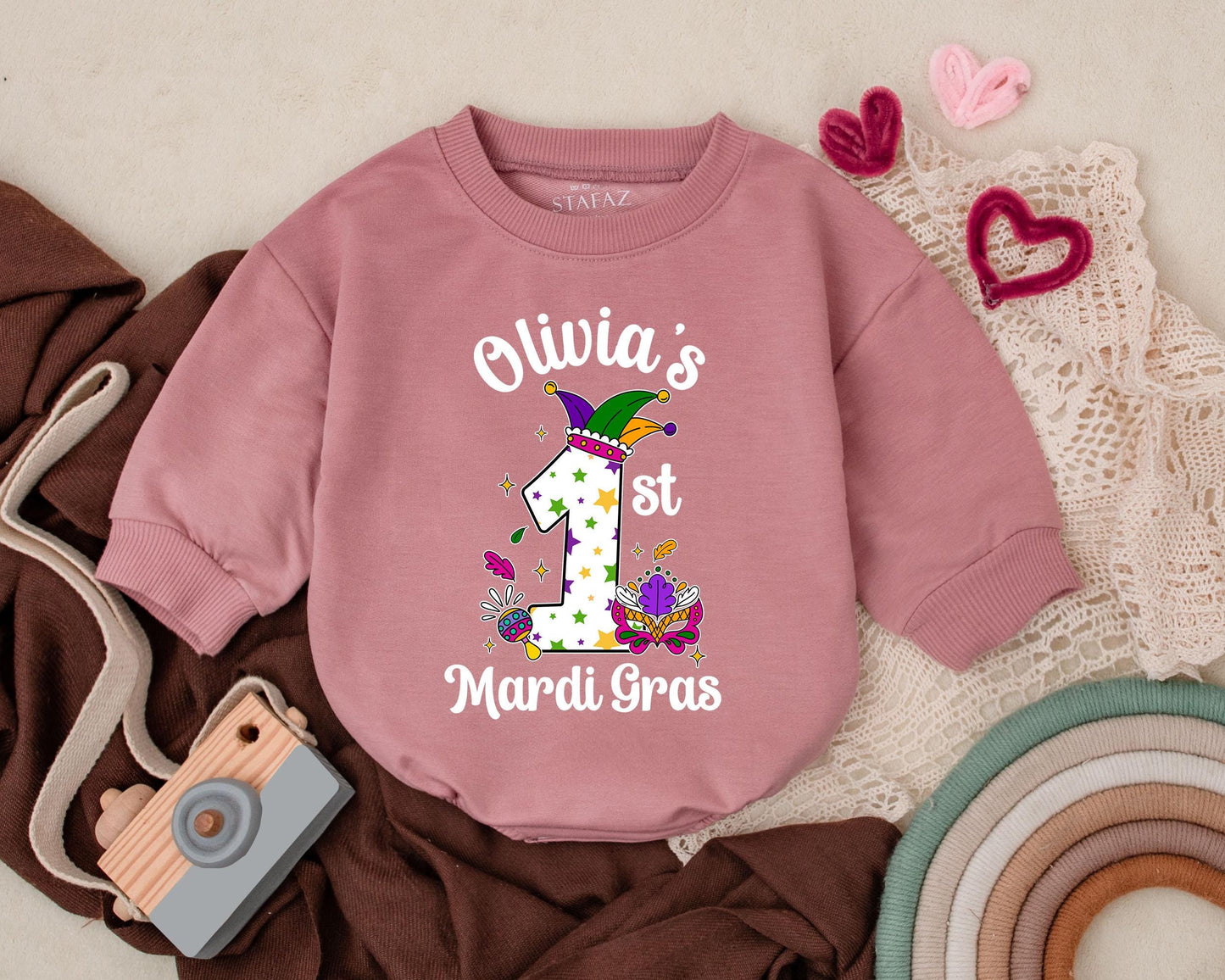 Personalized Mardi Gras Baby Romper Cute First Celebration Outfit Unisex Sweatshirt Bodysuit for Boys Girls Newborn Shower Gift
