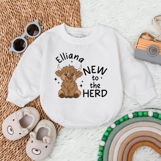 Custom Soft New to the Herd Baby Romper for a charming Pregnancy Announcement, adorable Cattle Farmer Newborn Baby Clothes and Shower Gift