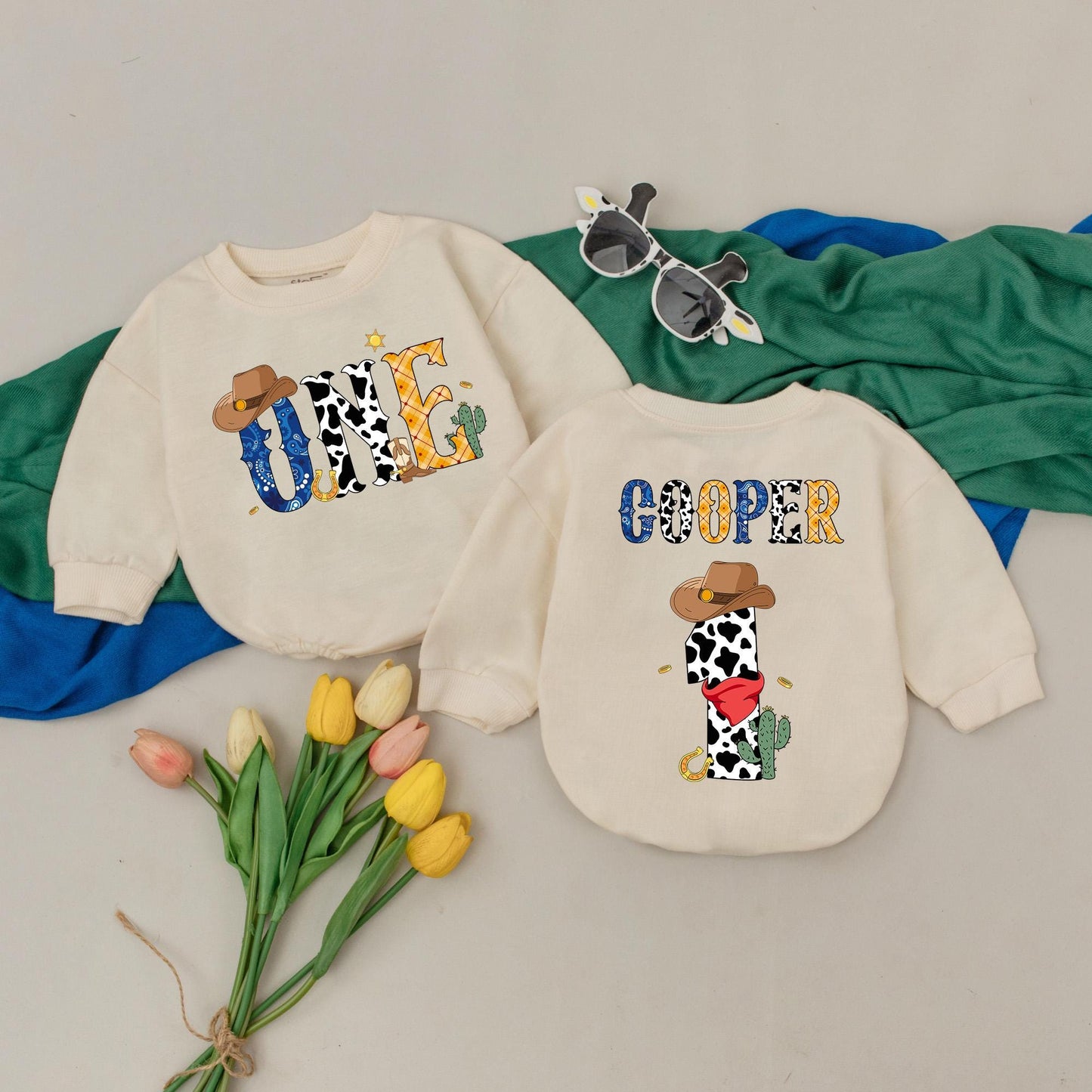 Personalized Western Cowboy 1st Birthday Romper for Baby Boy, Cow Print & Plaid Design, Wild One Outfit, Custom Cooper Name & 1st Rodeo