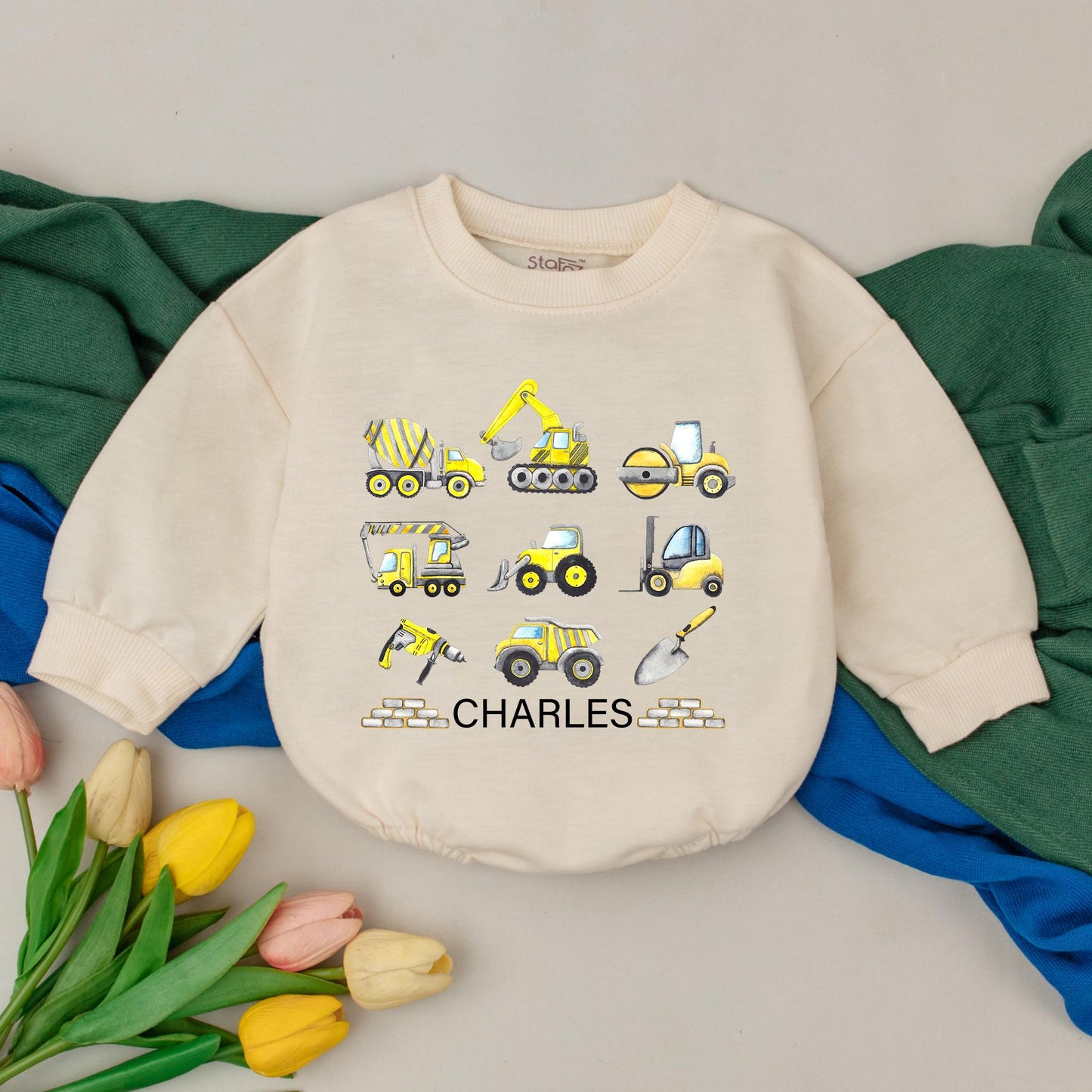 Personalized Construction Baby Romper - Excavator Dump Truck Design for Newborn Boys, Custom Infant Birthday Outfit, Baby Shower Gift