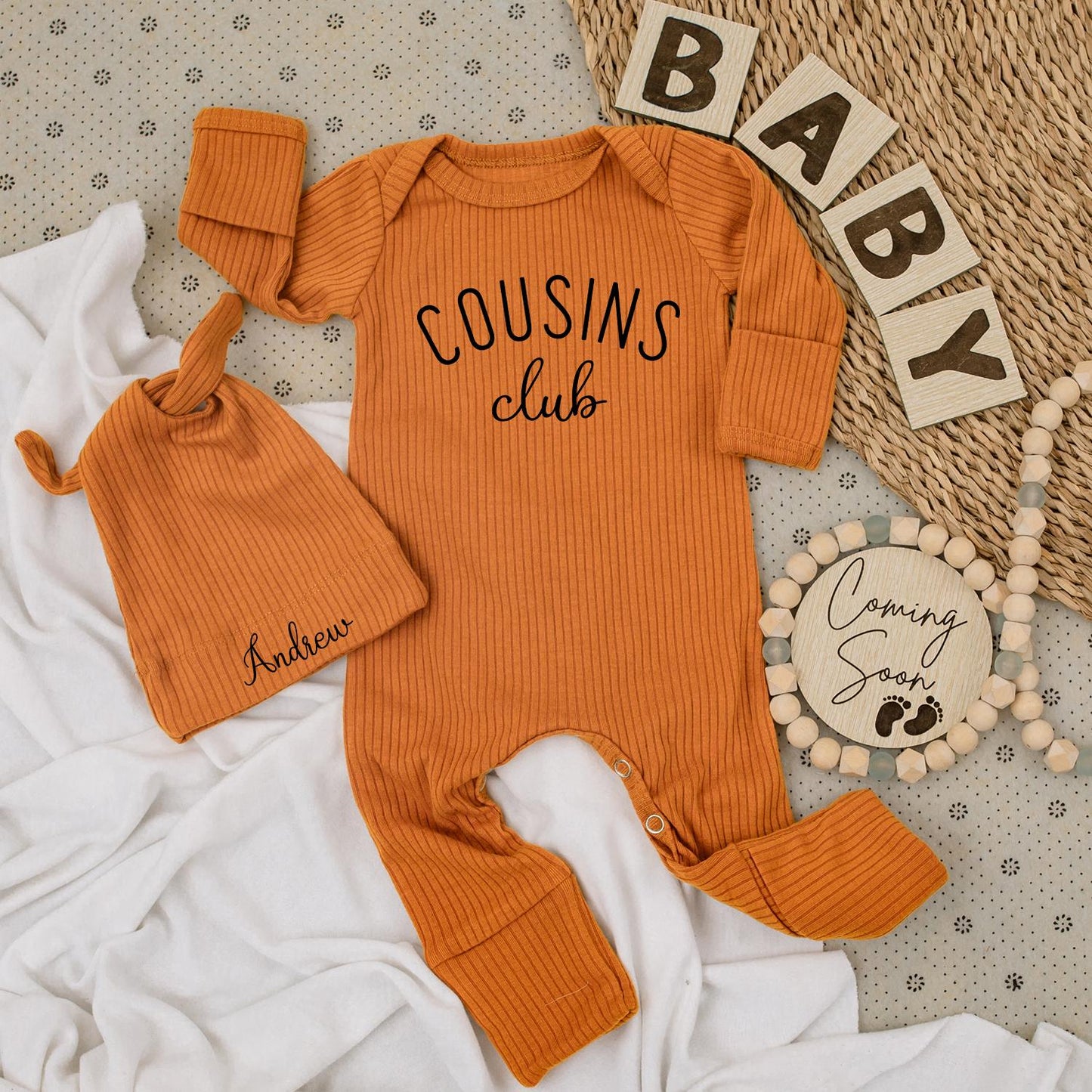 Personalized Cousins Club Baby Bodysuit Set Name Hat Newborn Outfit Modern Black Artwork Clean Minimalist Design Cousin Crew Welcome Gift