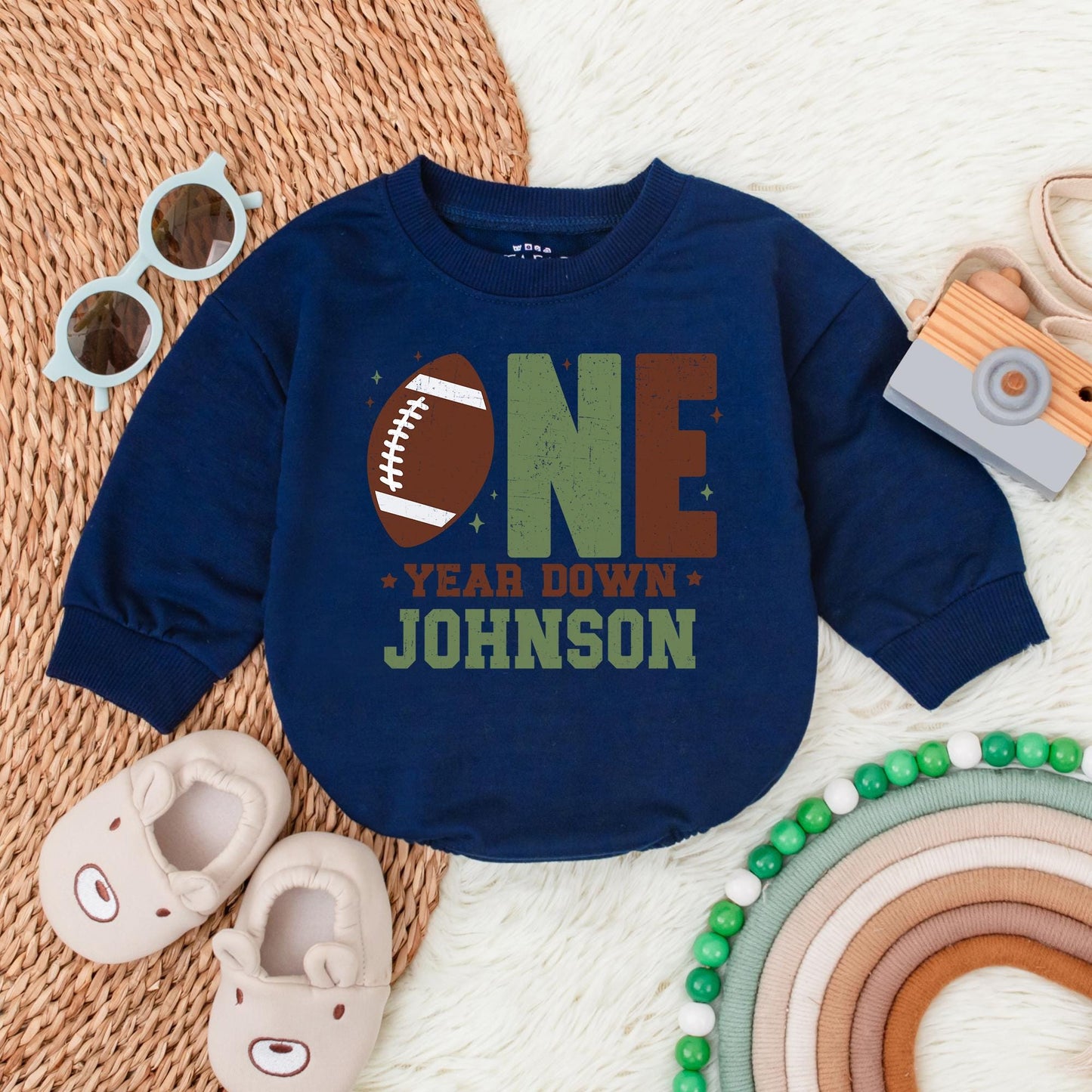 Football First Birthday Baby Bubble Romper - Personalized One Year Down Football Outfit for Baby Boy - Football 1st Birthday Theme