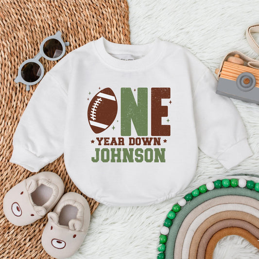 Football First Birthday Baby Bubble Romper - Personalized One Year Down Football Outfit for Baby Boy - Football 1st Birthday Theme
