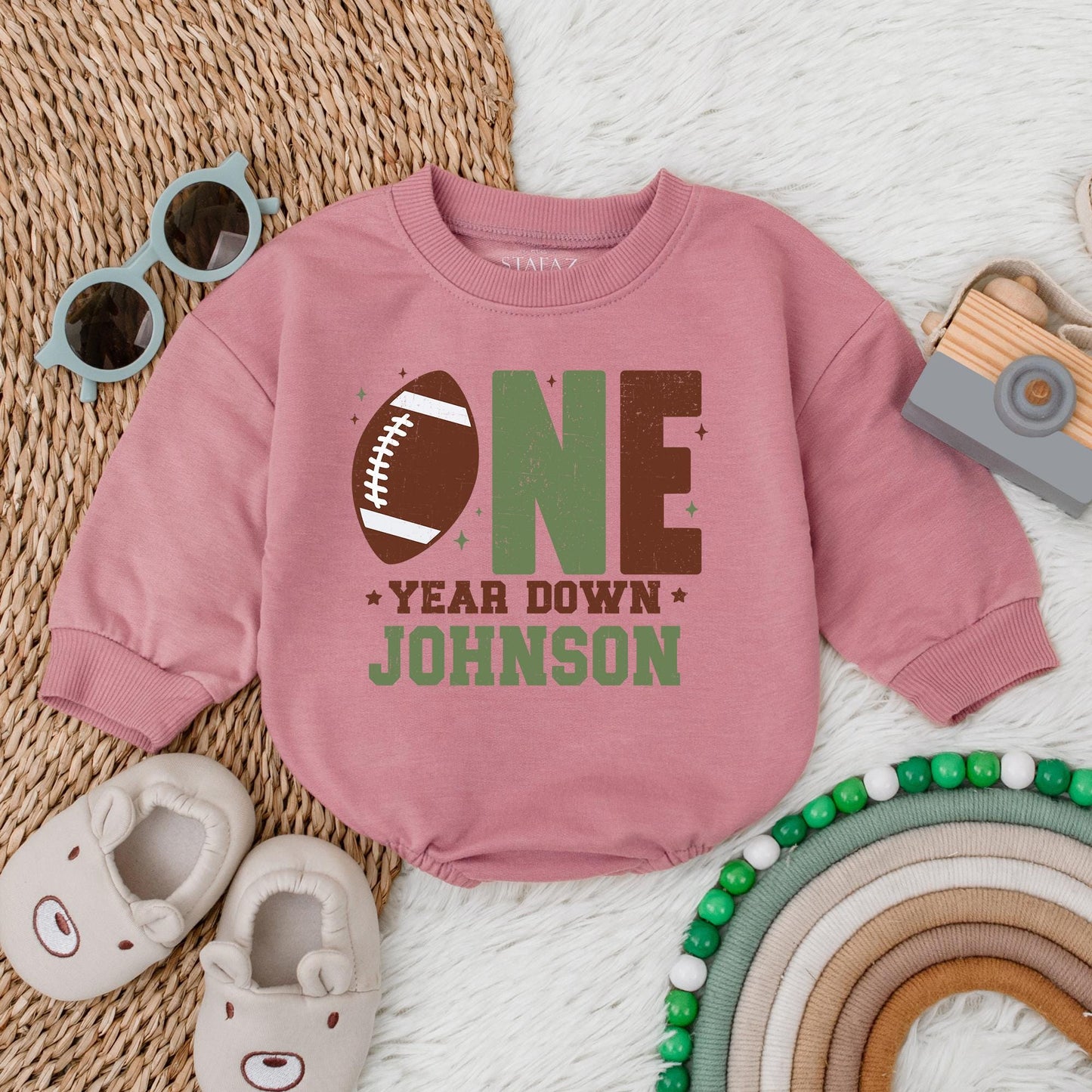 Football First Birthday Baby Bubble Romper - Personalized One Year Down Football Outfit for Baby Boy - Football 1st Birthday Theme