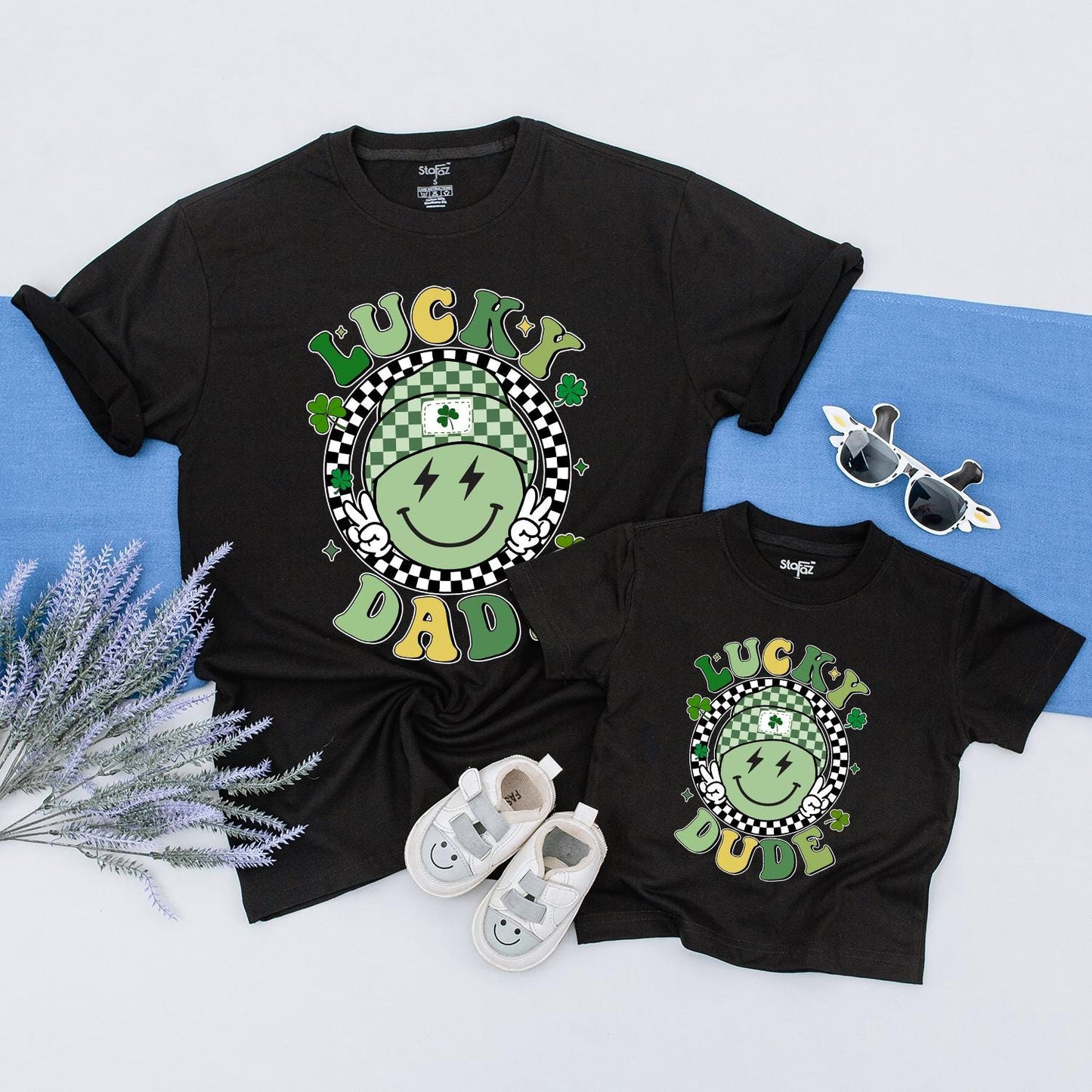 Retro Lucky Family Matching Shirts One Lucky Dude Mama Retro Smiley Face St Patrick's Day Gift