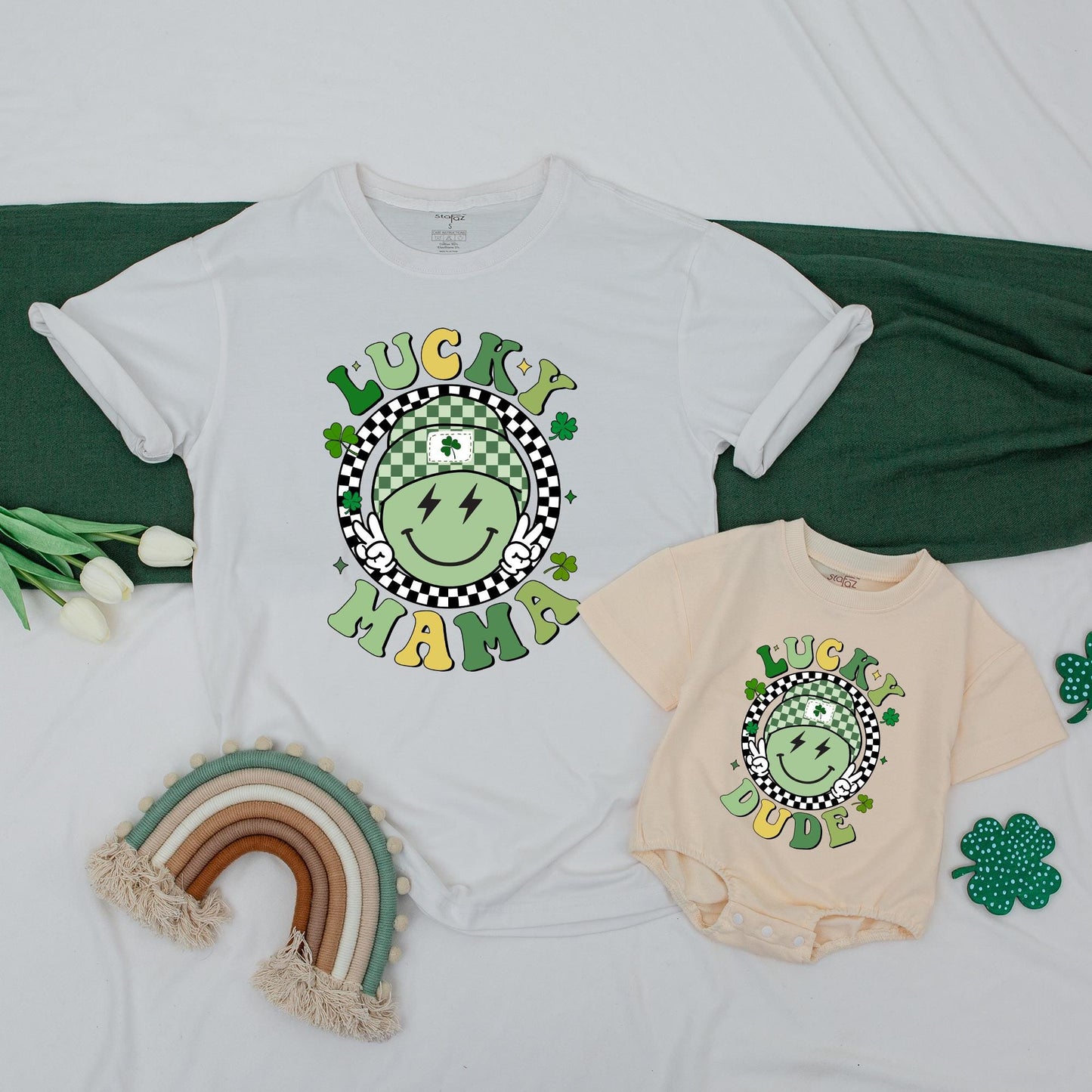 Retro Lucky Family Matching Shirts One Lucky Dude Mama Retro Smiley Face St Patrick's Day Gift