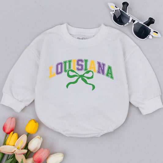 Retro Louisiana Mardi Gras Baby Romper for Baby Announcement and First Carnival Festival Outfit Bodysuit, Funny Newborn Gift for Parade Celebration