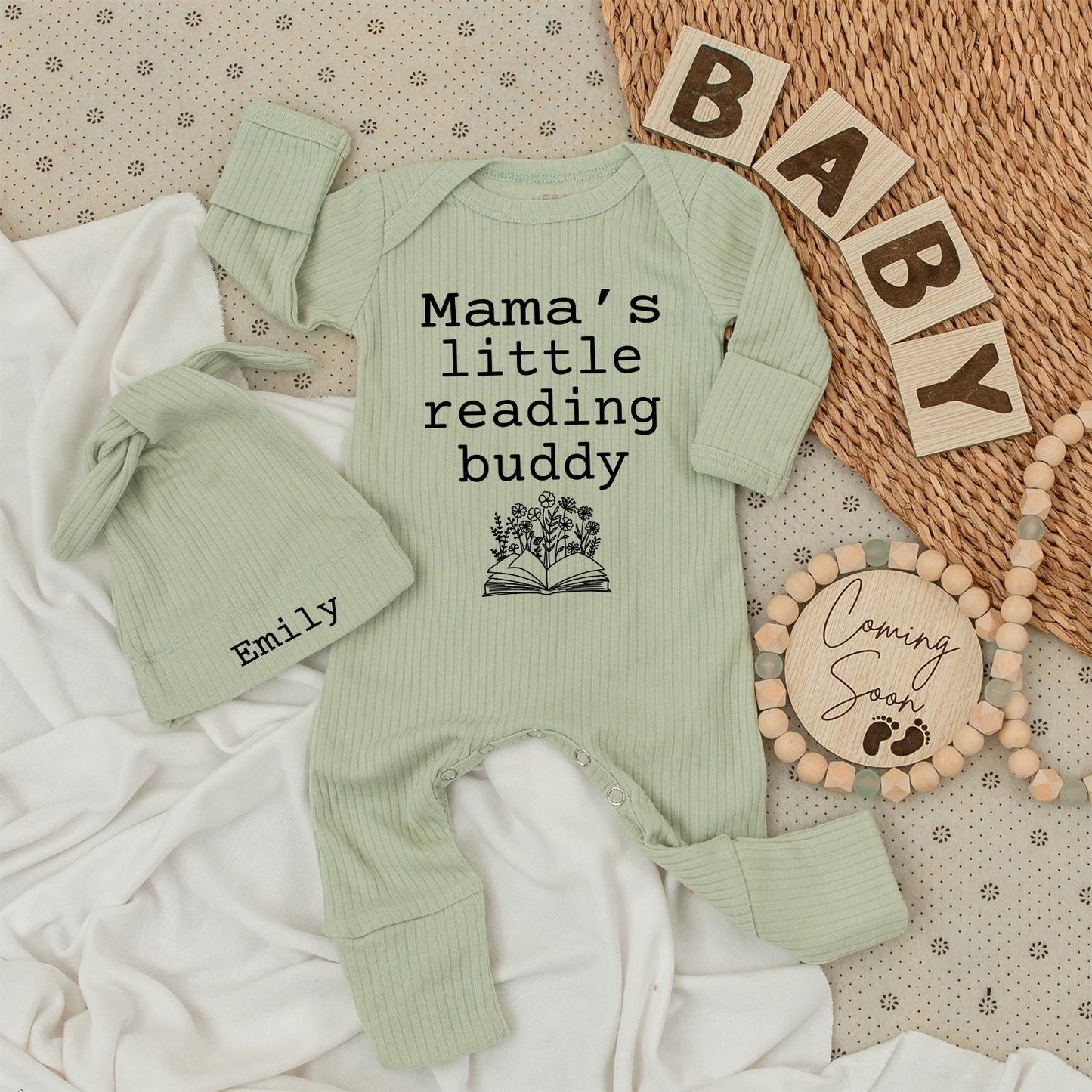 Mama's Little Reading Buddy Baby Bodysuit Newborn Book Lover Outfit Welcome Baby Gift Cozy Literary Theme Neutral Monochromatic Sweet Whimsical