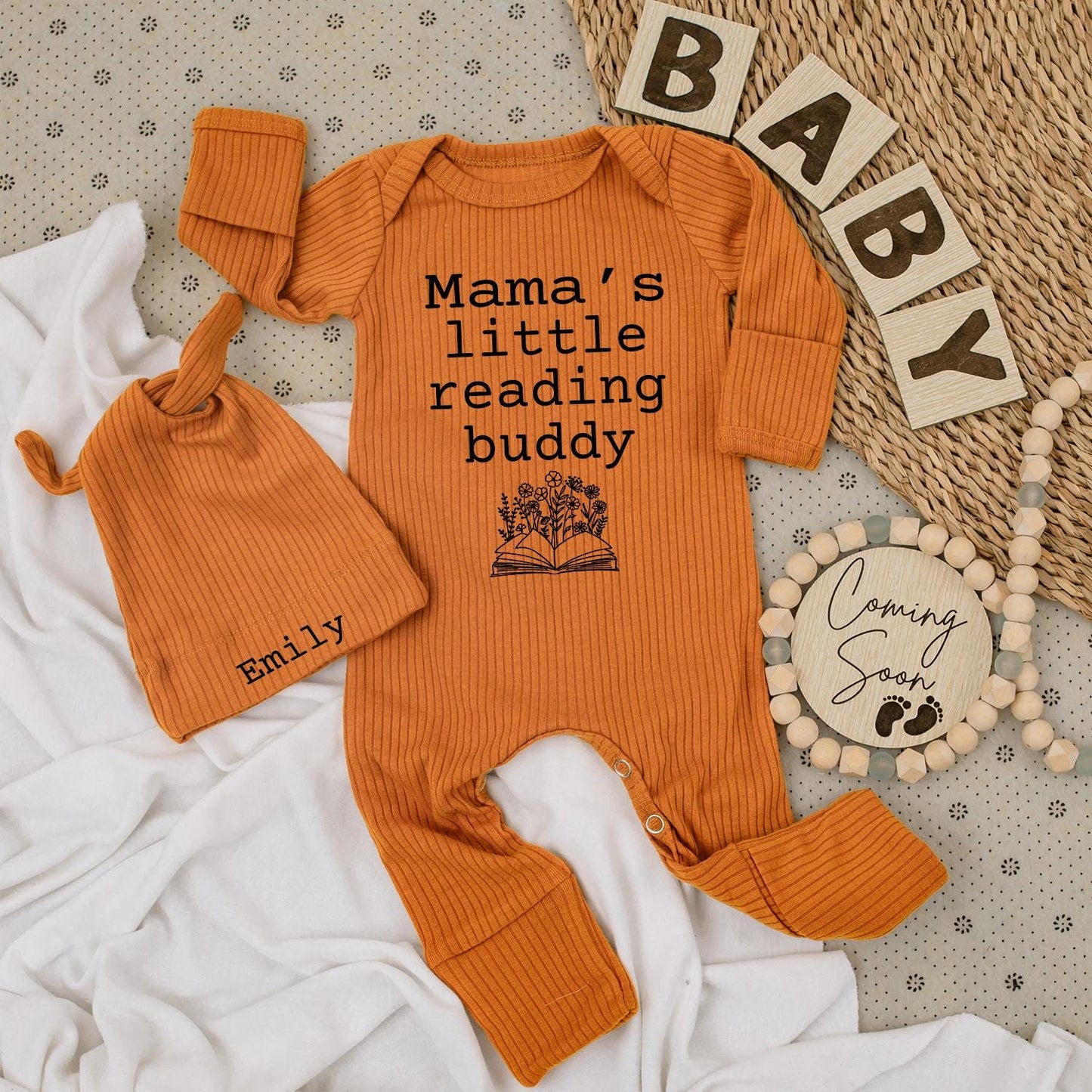 Mama's Little Reading Buddy Baby Bodysuit Newborn Book Lover Outfit Welcome Baby Gift Cozy Literary Theme Neutral Monochromatic Sweet Whimsical