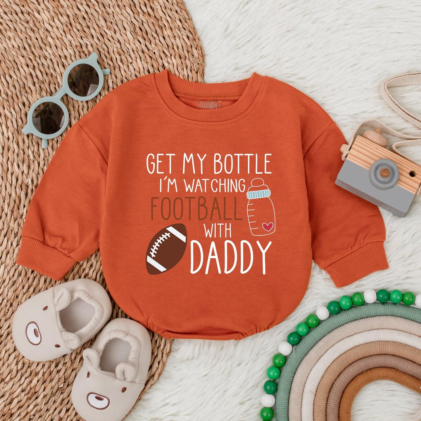 Get My Bottle I'm Watching Football with Daddy First Birthday Baby Bubble Romper Game Day Football Theme Outfit Soft Cotton Infant Apparel