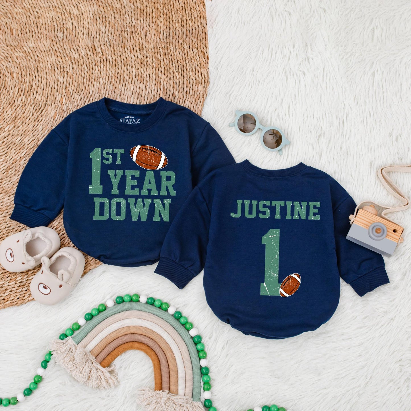 Personalized Football 1st Birthday Bubble Romper Touchdown One First Year Down Soft Cotton Baby Boy Bodysuit Outfit