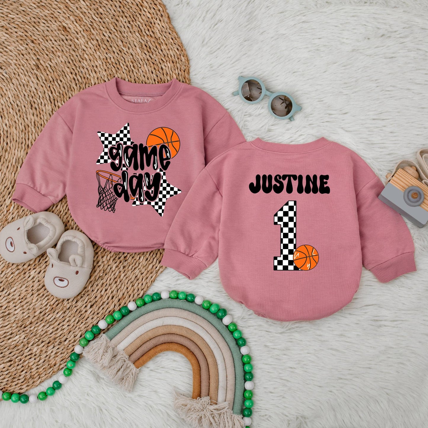 Personalized Basketball Game Day Bubble Romper for Boys & Girls Custom Gameday Birthday Outfit Baby Infant Toddler Sports Celebration