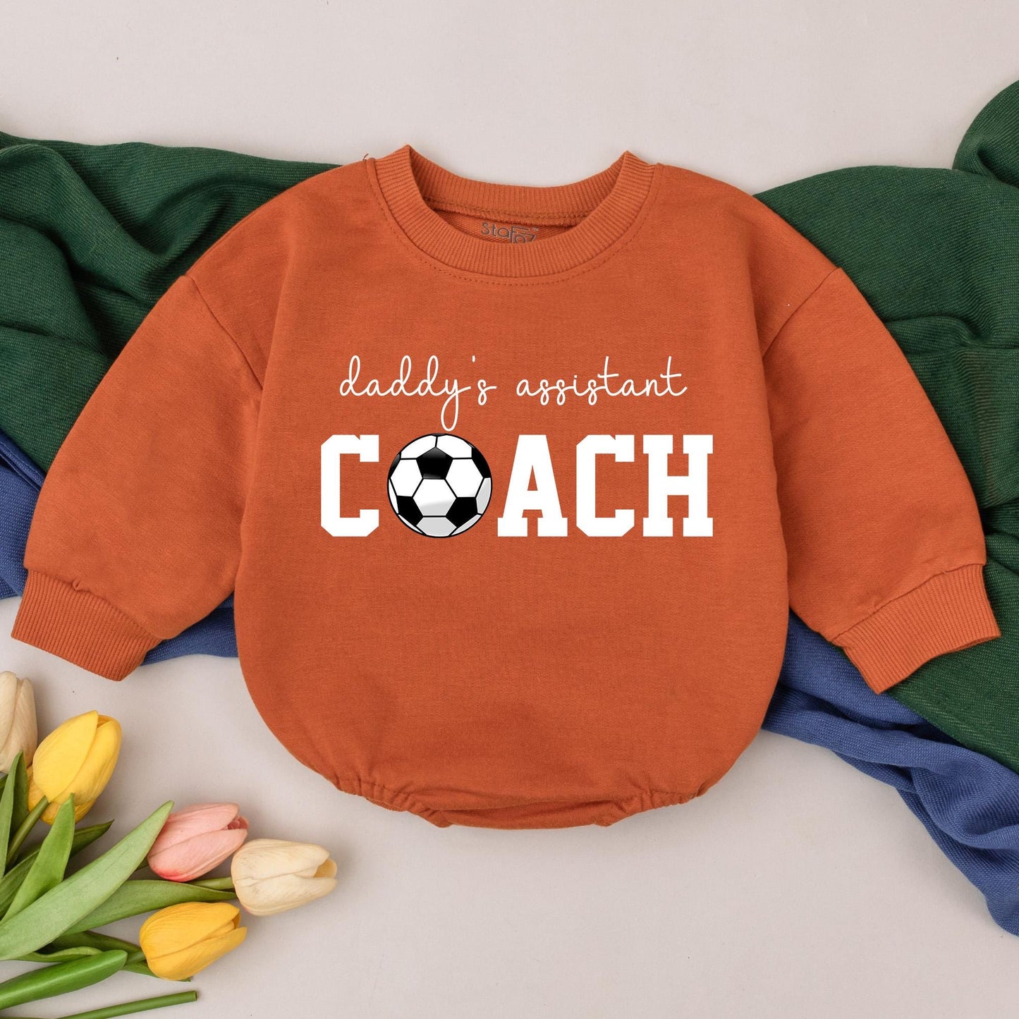 Daddy's Assistant Coach Soccer Romper Retro Gameday Bubble Outfit for Baby Boys First Soccer Season Gifts