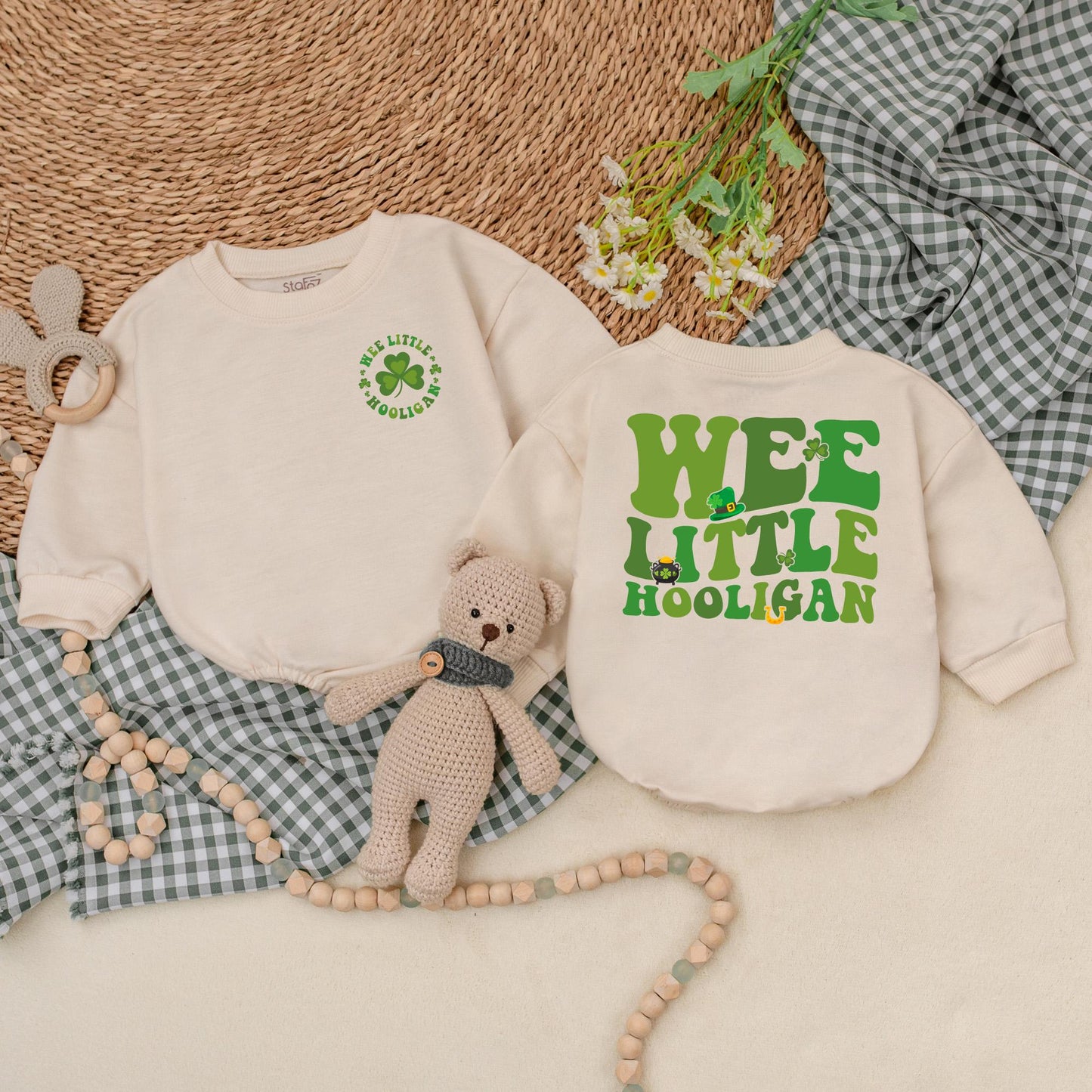 Wee Little Hooligan Baby Romper Green Clover Bodysuit St Patricks Day Outfit First St Patricks Day Gift