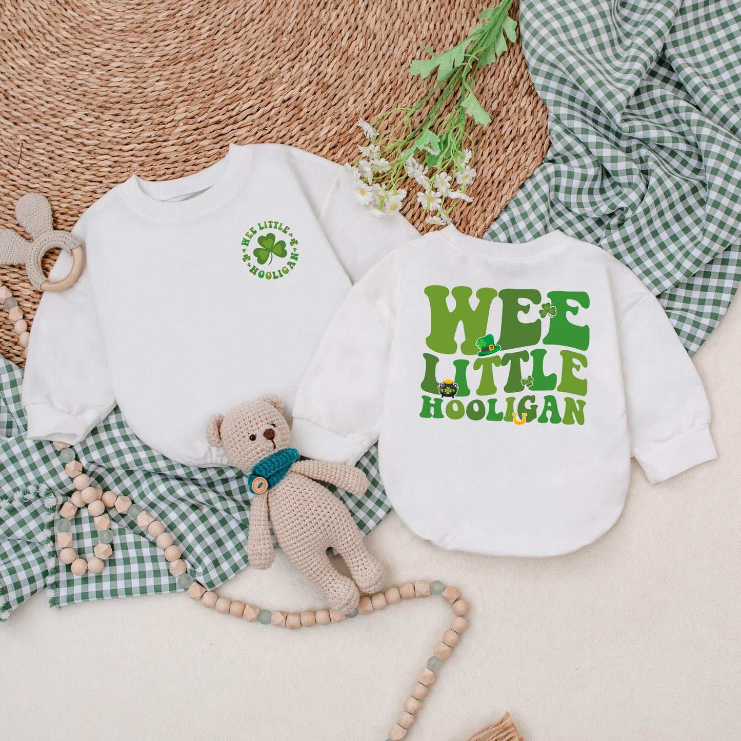Wee Little Hooligan Baby Romper Green Clover Bodysuit St Patricks Day Outfit First St Patricks Day Gift