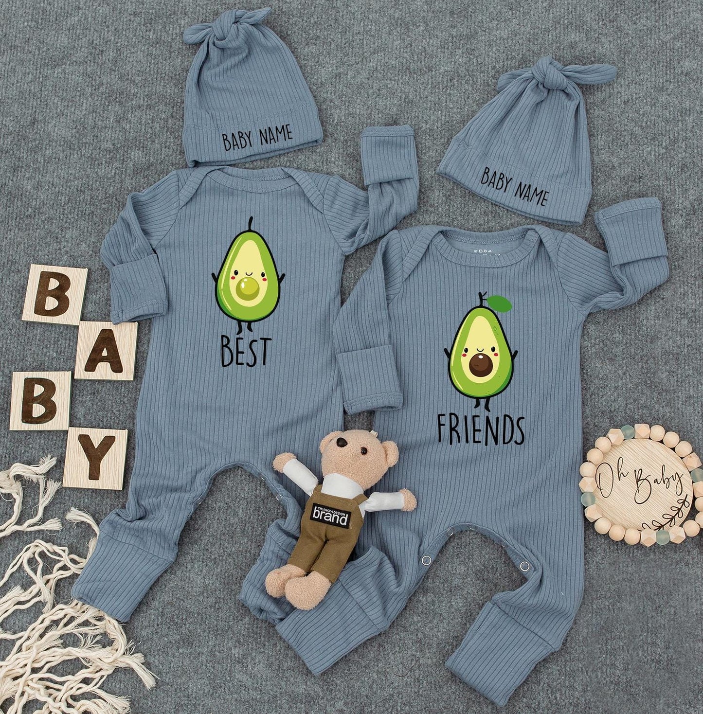 Cute Twins Outfits, Best Friends Avocado Twin Baby Bodysuit Set with Custom Name Hats, Newborn Twin Outfits