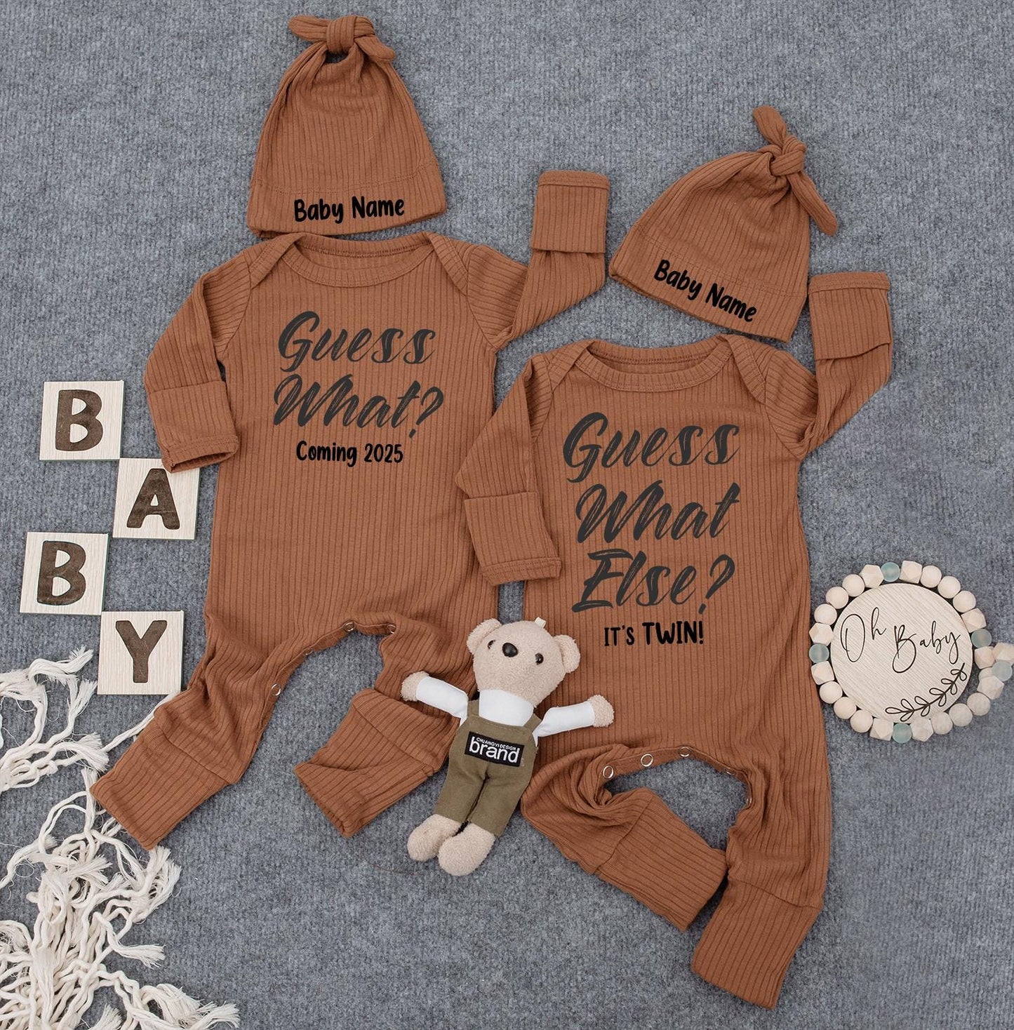Guess What Else It's Twin Custom Name Baby Hat & Bodysuit Funny Newborn Announcement Set Gift For New Parents Distressed Font Style