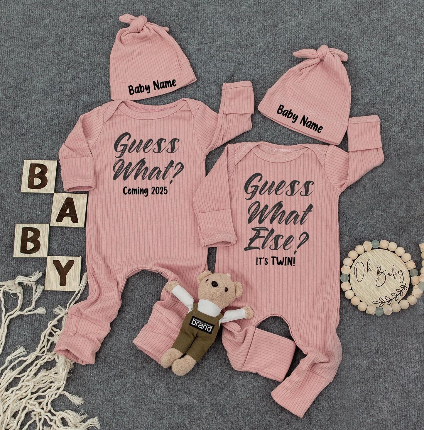 Guess What Else It's Twin Custom Name Baby Hat & Bodysuit Funny Newborn Announcement Set Gift For New Parents Distressed Font Style