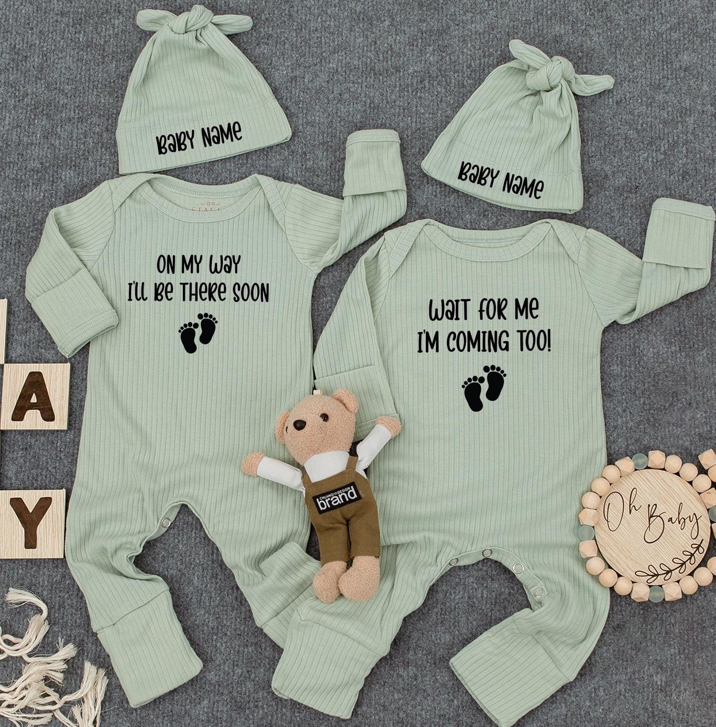 Custom Twin Baby Announcement Set: 'On My Way' & 'Wait For Me' Bodysuits with Hats & Footprint Graphic - Twin Gift