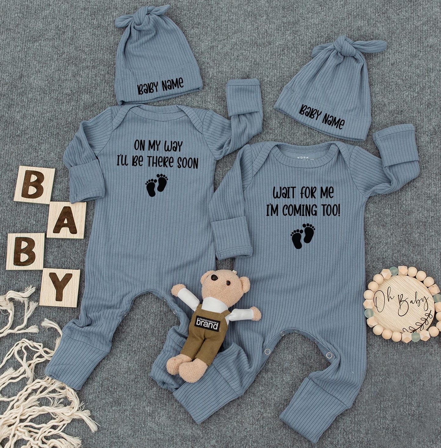 Custom Twin Baby Announcement Set: 'On My Way' & 'Wait For Me' Bodysuits with Hats & Footprint Graphic - Twin Gift