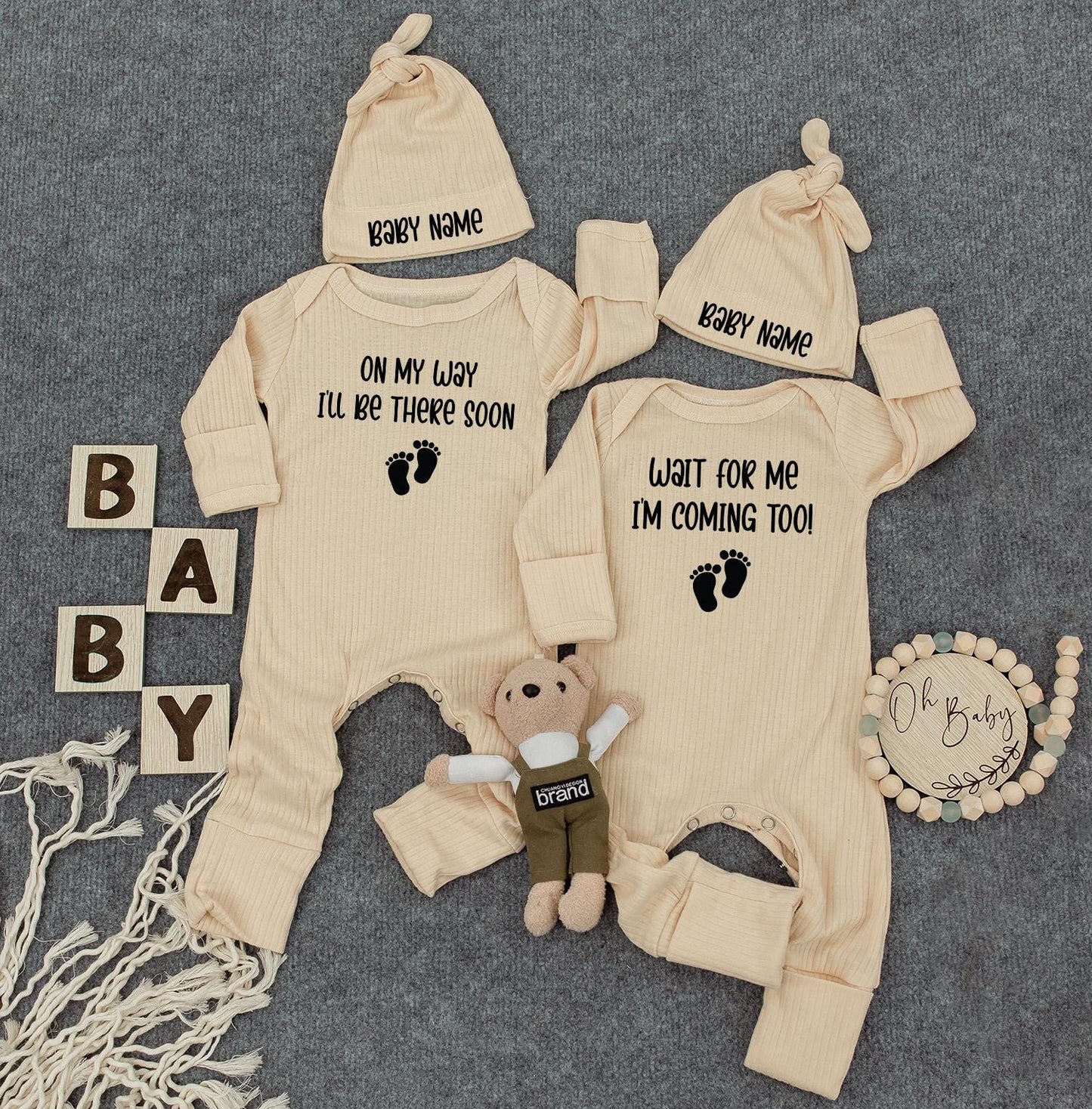 Custom Twin Baby Announcement Set: 'On My Way' & 'Wait For Me' Bodysuits with Hats & Footprint Graphic - Twin Gift
