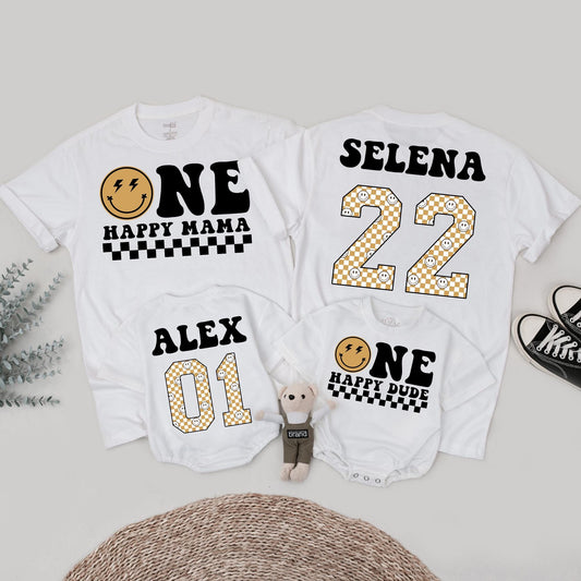 One Happy Dude Birthday Matching Family Shirts Retro Smiley Face, Vintage 1st Birthday Outfit, First Birthday, Fun Party, Black & Tan Design - 139 chars