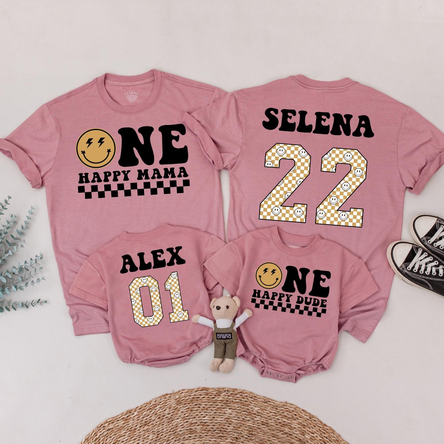 One Happy Dude Birthday Matching Family Shirts Retro Smiley Face, Vintage 1st Birthday Outfit, First Birthday, Fun Party, Black & Tan Design - 139 chars
