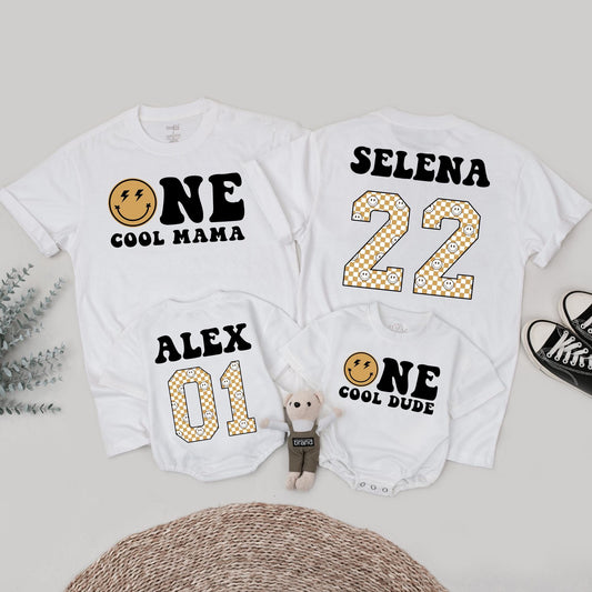 One Cool Dude 1st Birthday Matching Family Shirts Retro Smiley Face Outfit First Birthday Party Photoshoot Baby Bodysuit Mama Dad and Me Matching Set (138 chars)