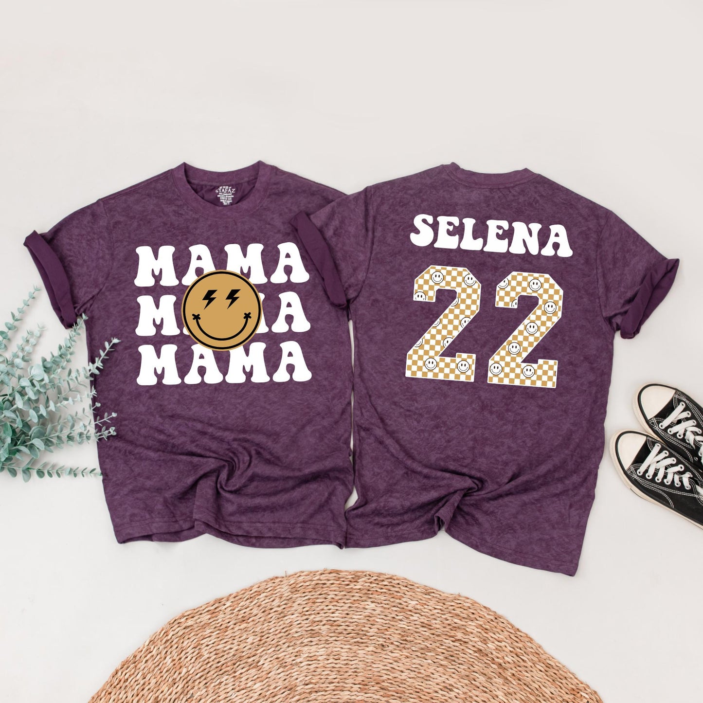 Matching One Happy Dude 1st Birthday Family Shirt Set: Retro Smiley Face Design with Black Fonts, Gold Checkerboard Numbers & Lightning Bolt Eyes (138 chars)