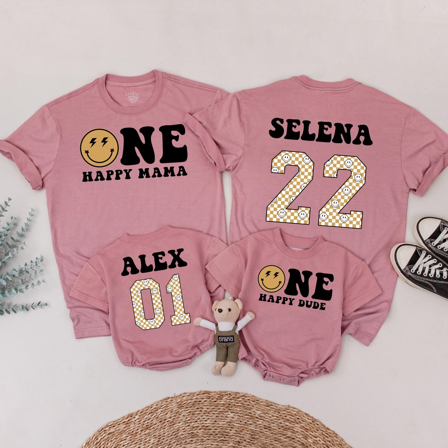 One Happy Dude Retro Birthday Shirt: Matching Family Celebration with Brown Smiley Face & Lightning Bolt Eyes, First Birthday Outfit, Playful Vintage Style