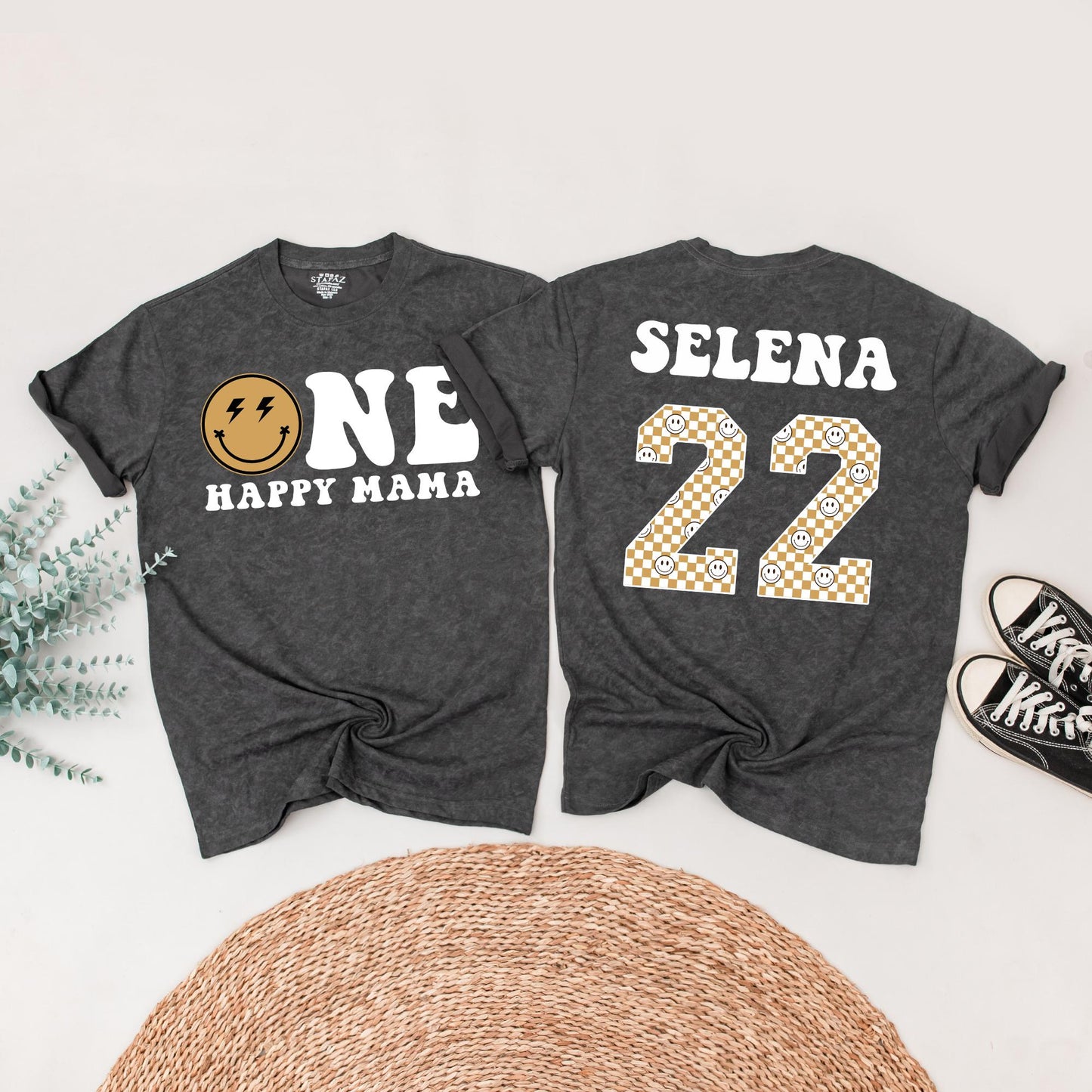 One Happy Dude Retro Birthday Shirt: Matching Family Celebration with Brown Smiley Face & Lightning Bolt Eyes, First Birthday Outfit, Playful Vintage Style