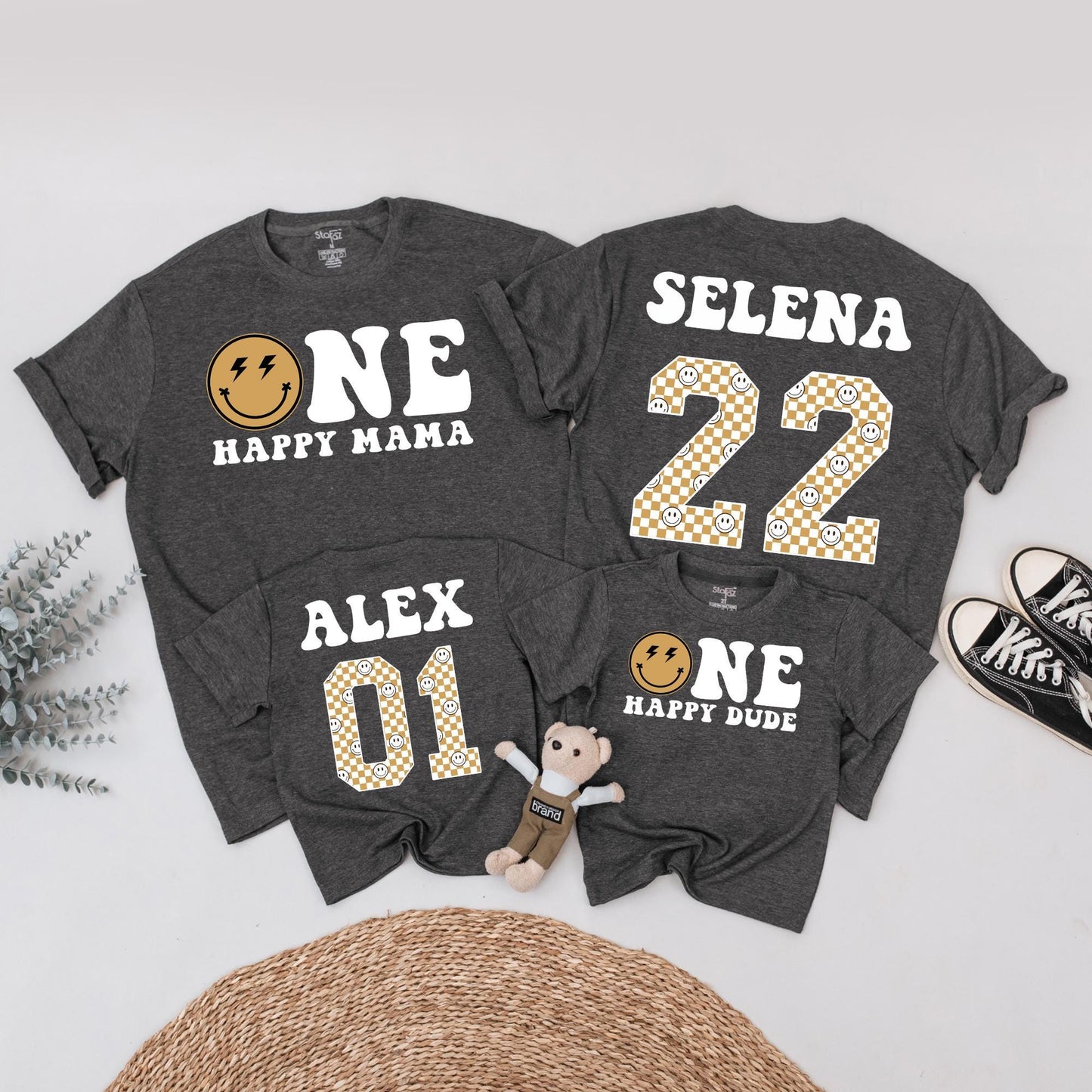 One Happy Dude Retro Birthday Shirt: Matching Family Celebration with Brown Smiley Face & Lightning Bolt Eyes, First Birthday Outfit, Playful Vintage Style