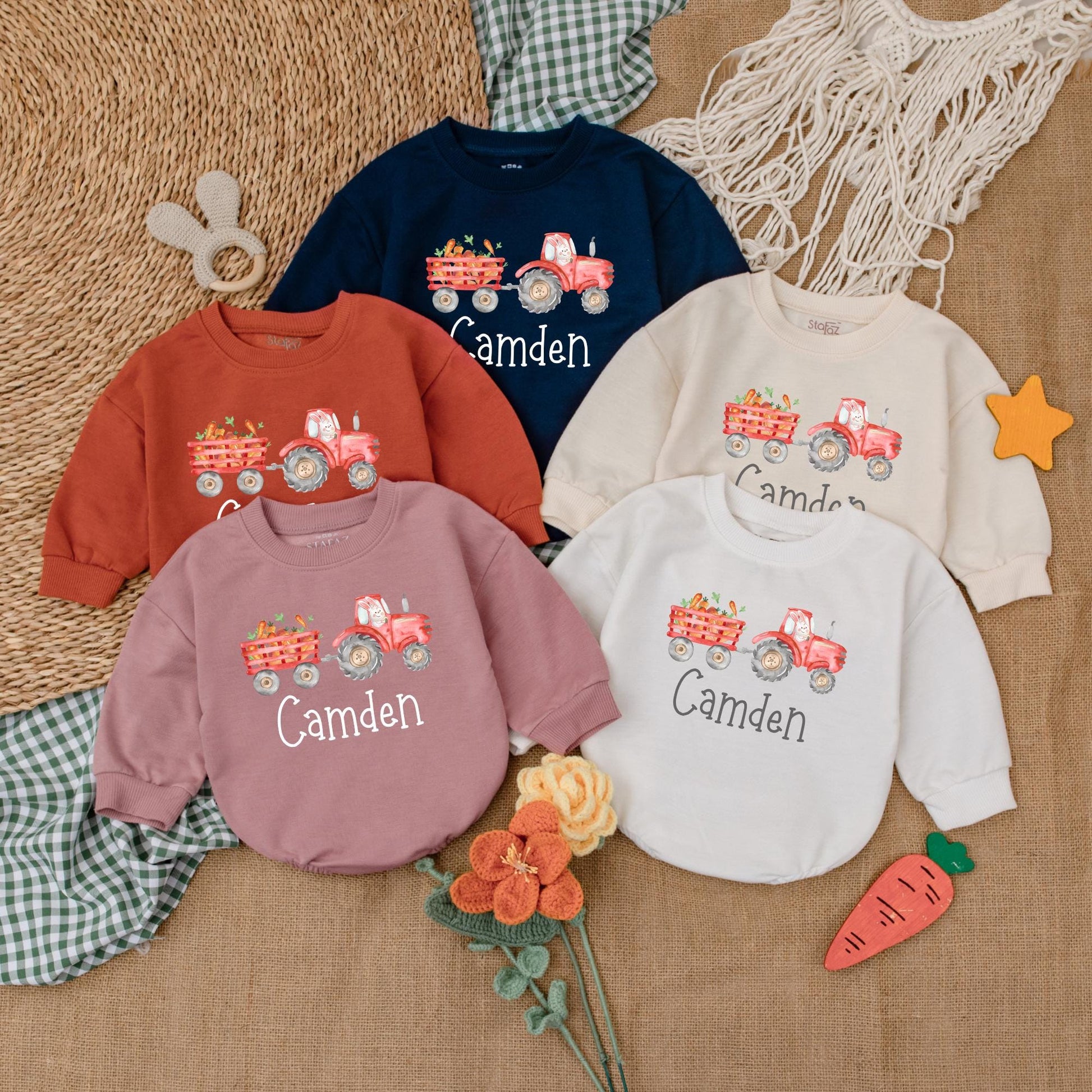 Personalized Easter Tractor Baby Boy Romper, Farmer Bunny Bodysuit Gift for First Easter Outfit, Baby Shower Present Custom Name