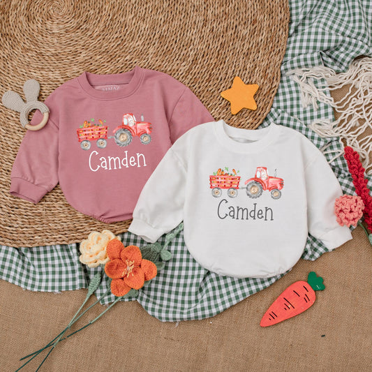 Personalized Easter Tractor Baby Boy Romper, Farmer Bunny Bodysuit Gift for First Easter Outfit, Baby Shower Present Custom Name