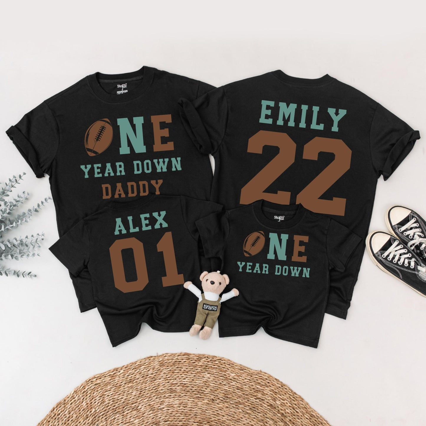 One Year Down Football Birthday Family Shirts Sea Green Brown, Alex & Emily 1st Birthday Outfit, First Touchdown Party, Daddy Son Matching Tees 01, 22
